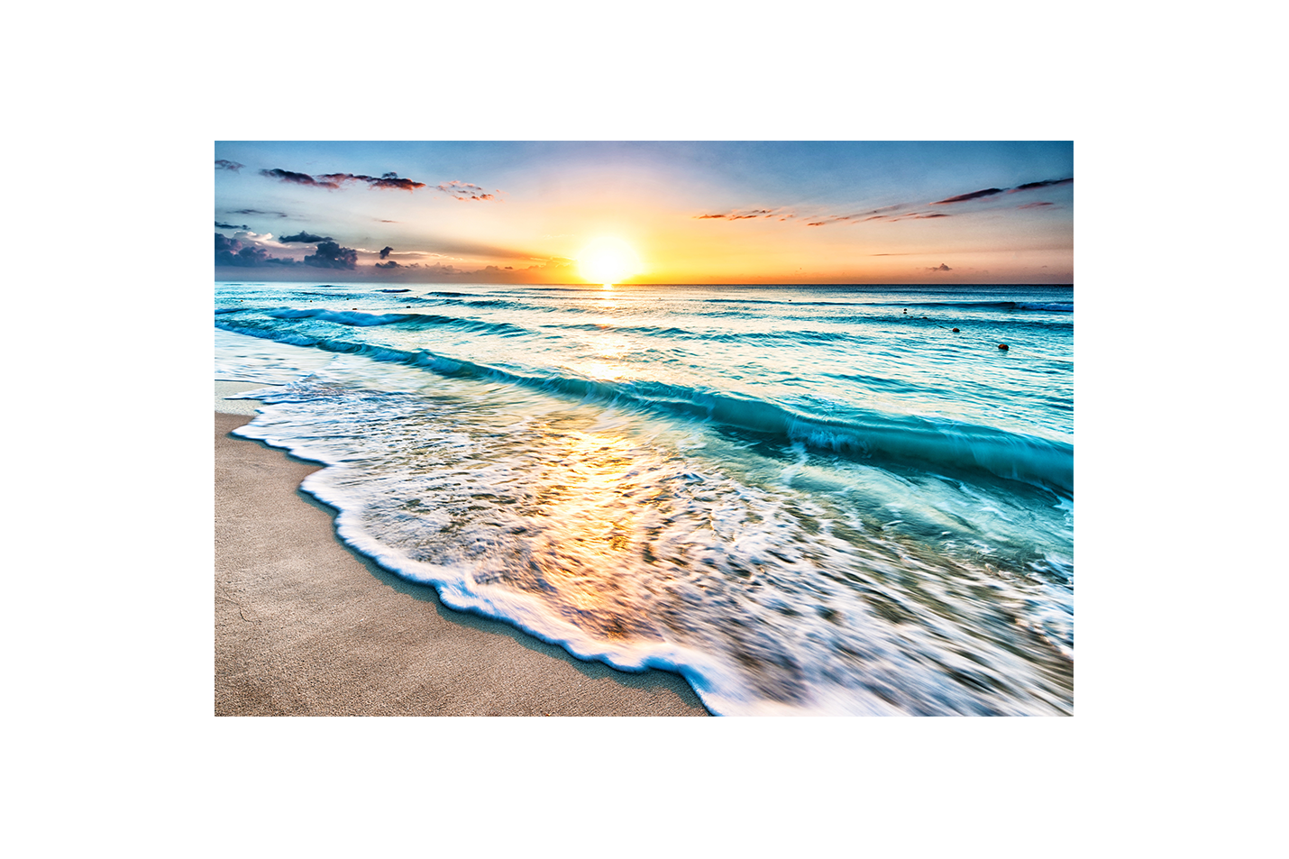a serene beach at sunrise with turquoise waves and a golden sun reflection, view, art, kanvas tablo
