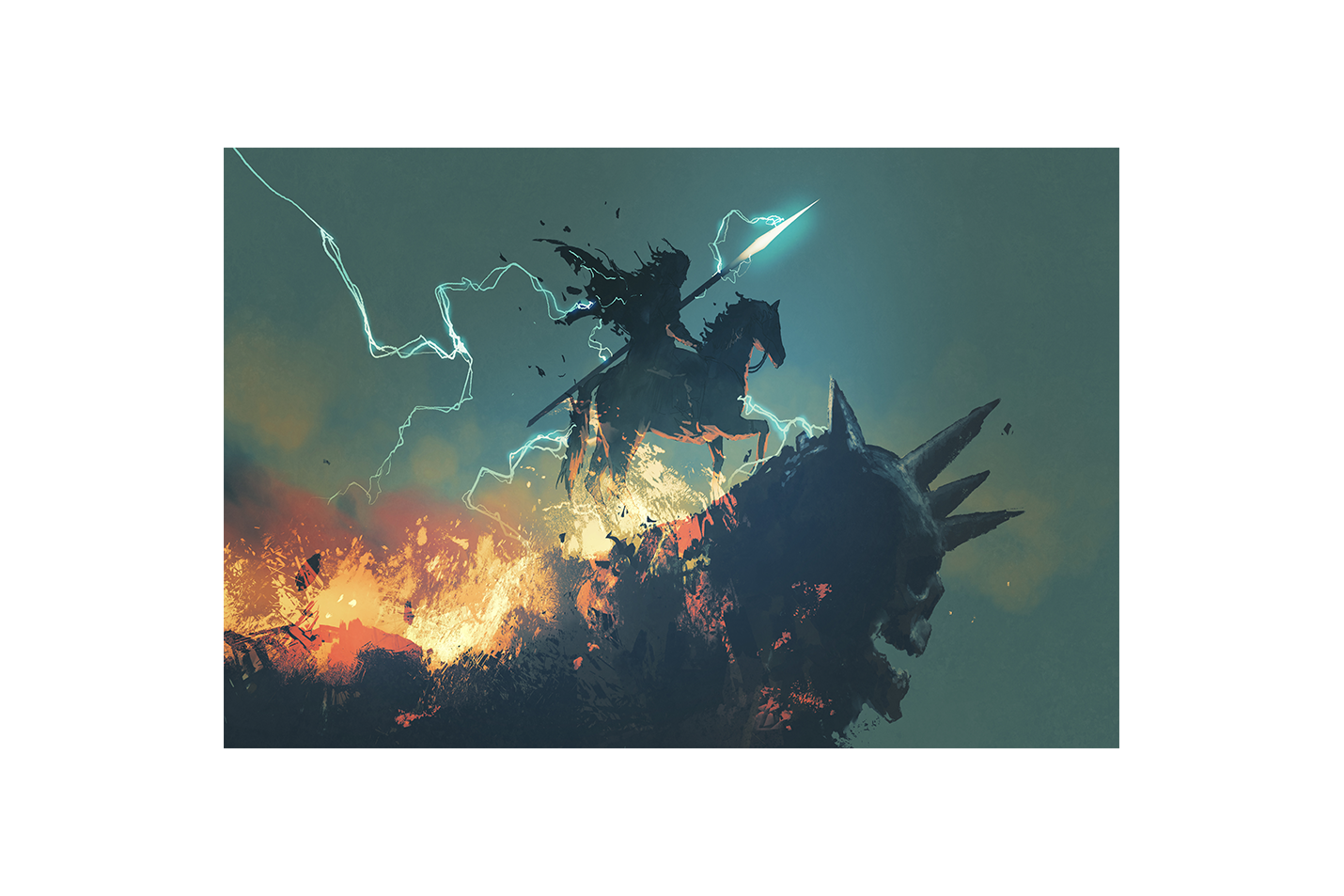 a dark knight on horseback on a slain dragon amidst fire and lightning, ai art, art, kanvas tablo