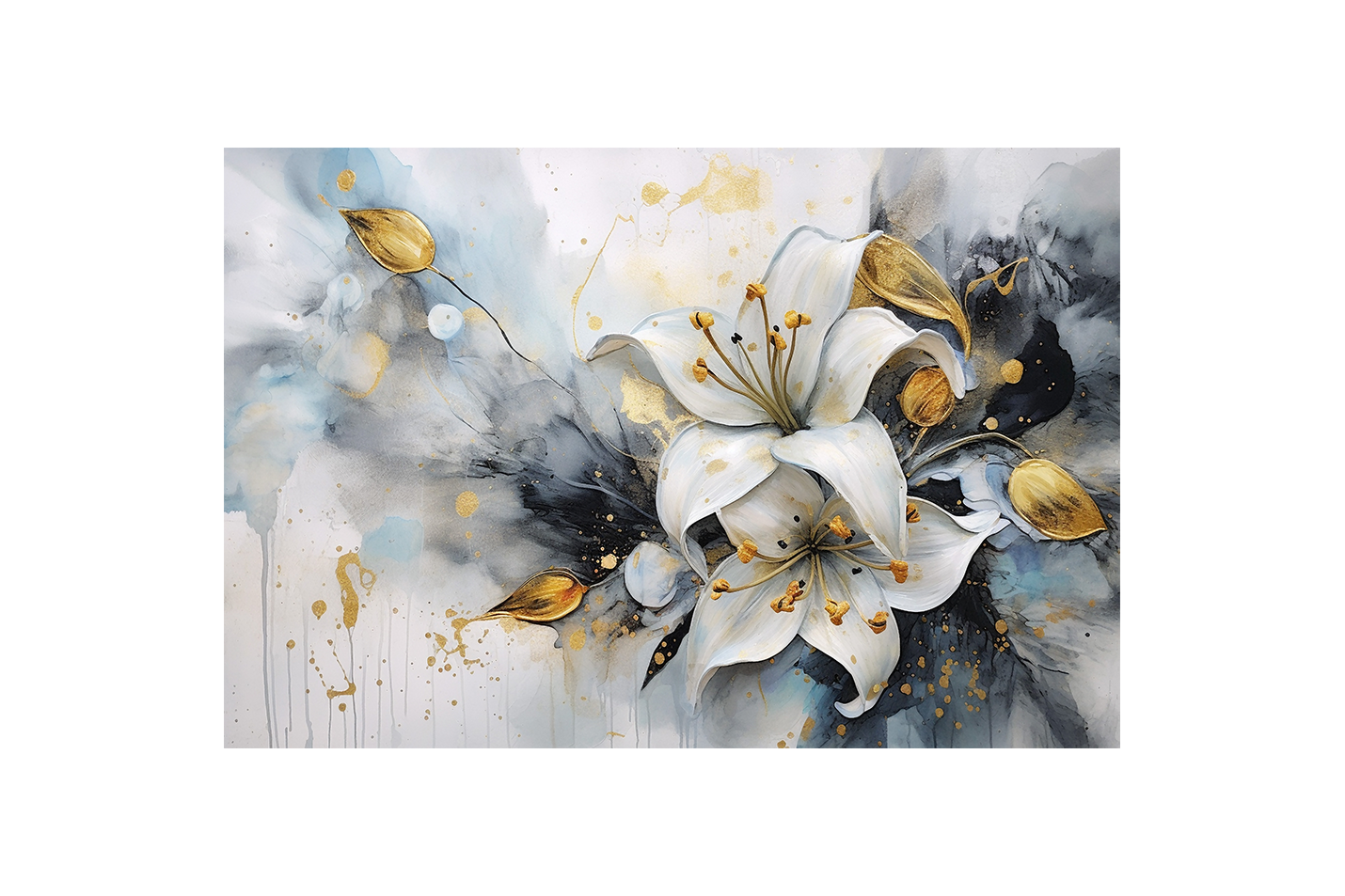 a luxurious watercolor of white lilies and golden leaves with gold splatters, flower motif, art, kanvas tablo