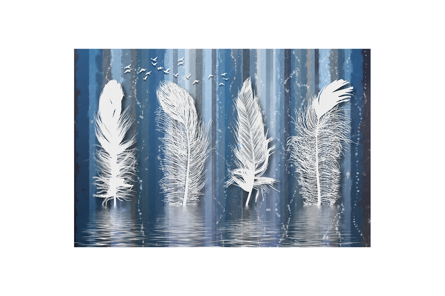 a surreal painting of giant white feathers standing like trees in the water, art, kanvas tablo