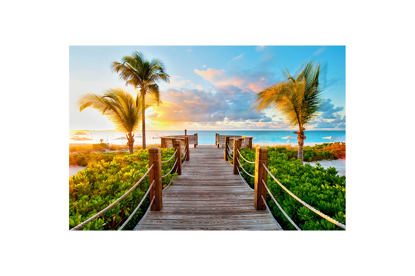 a wooden walkway to a serene paradise beach with palm trees at sunset, view, art, kanvas tablo