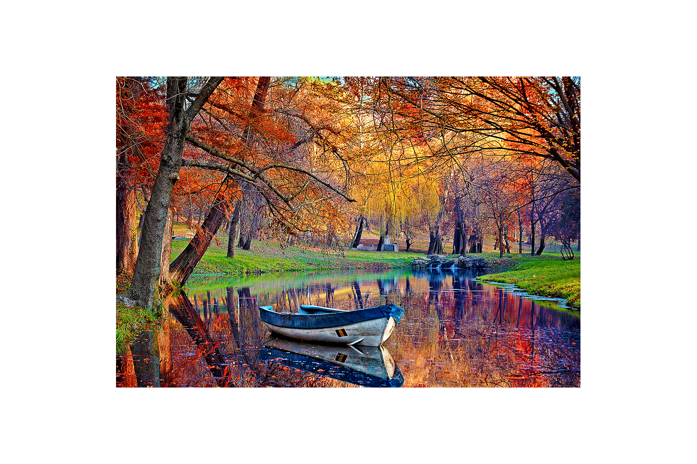 a small boat on a calm river reflecting vibrant autumn colored trees, view, art, kanvas tablo