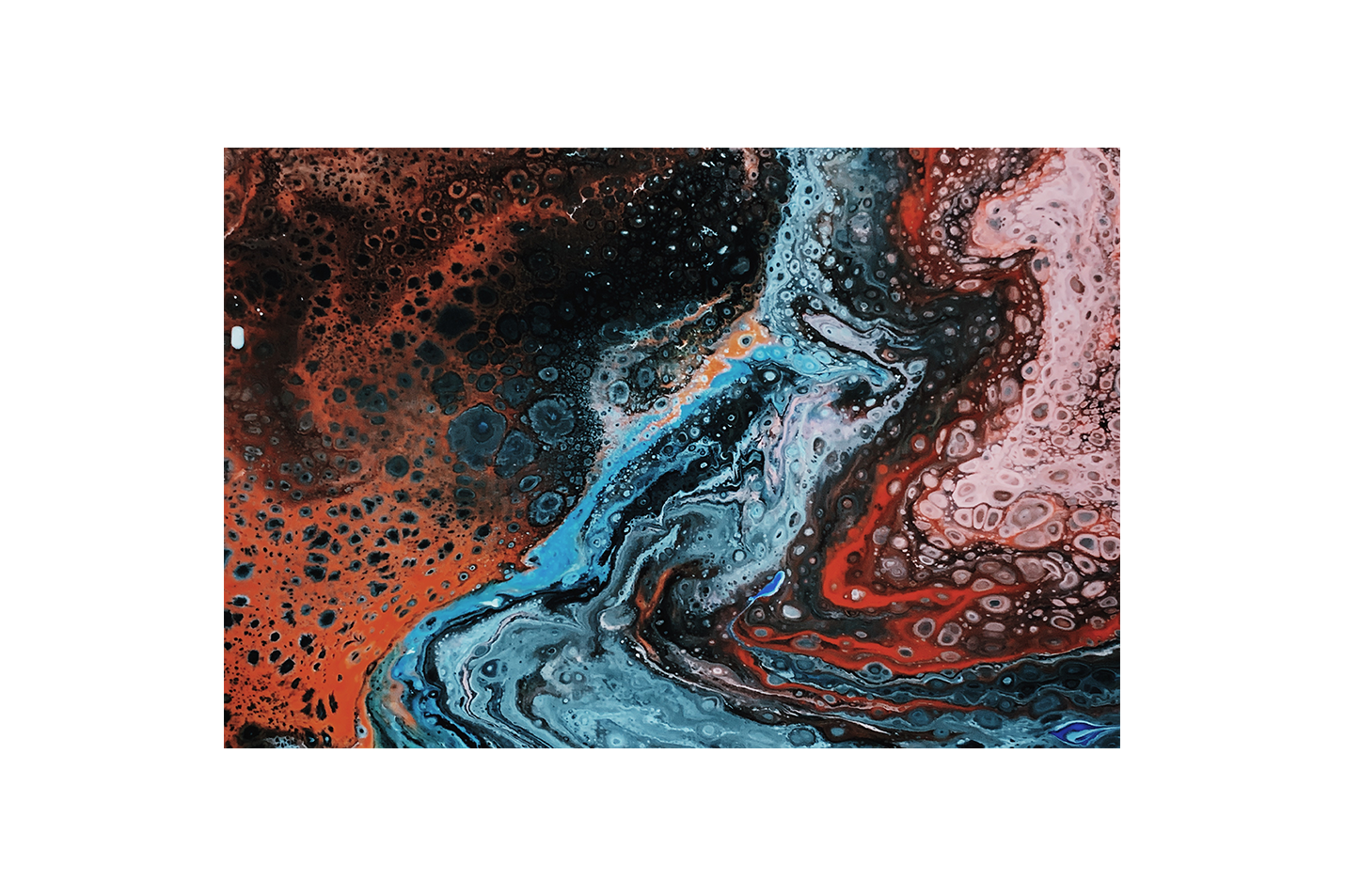 a detailed fluid art painting with cellular structures in red, black and blue, abstract, art, kanvas tablo