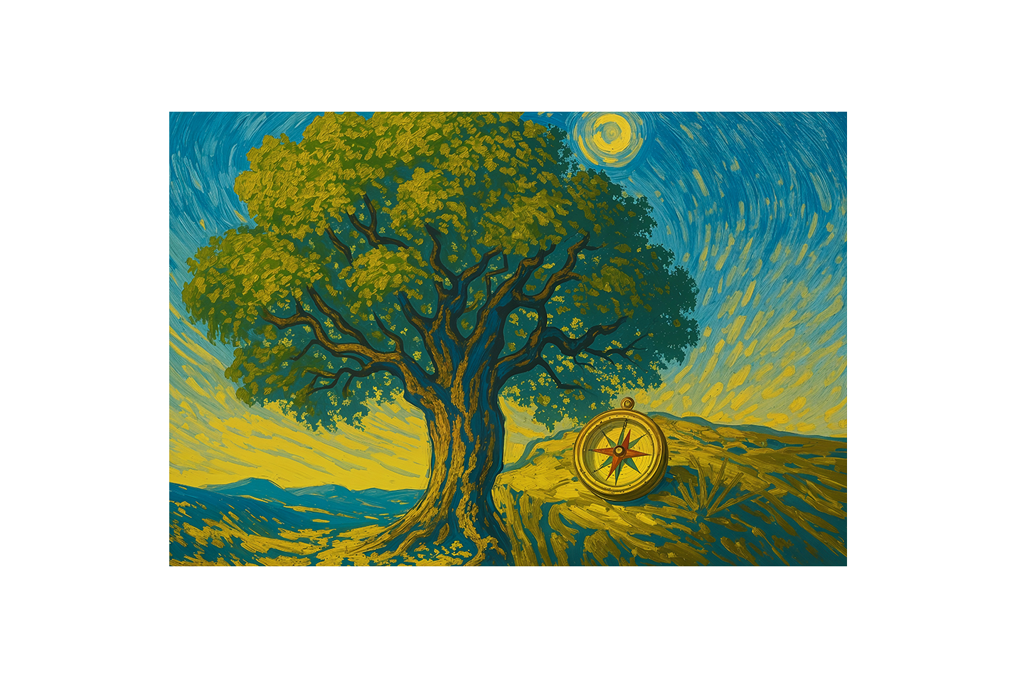 Van Gogh style tree and compass, view, art, kanvas tablo