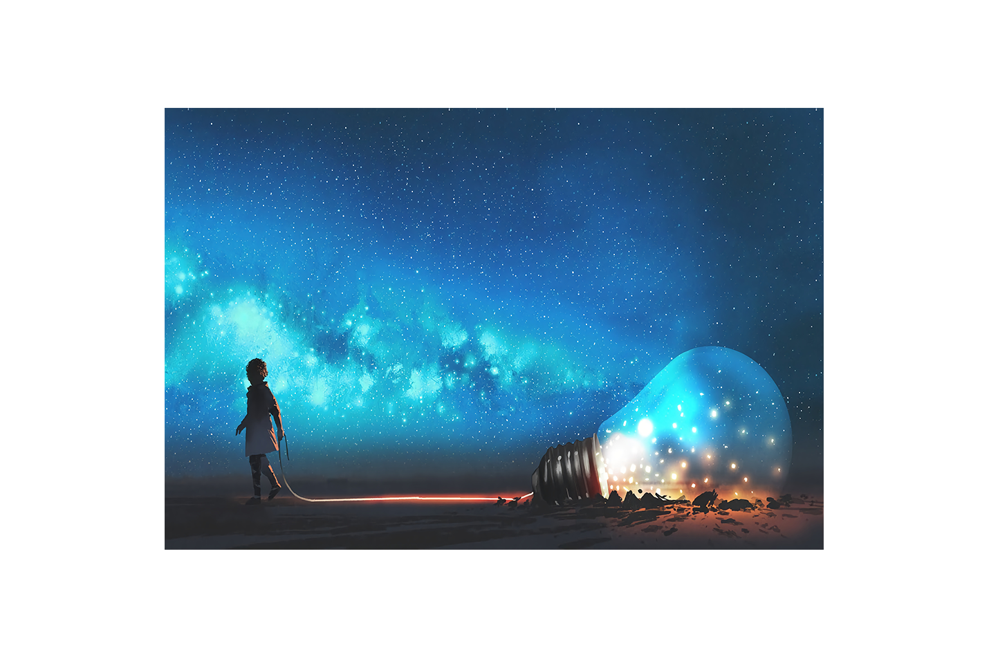 a child pulling a giant lightbulb full of stars across a starry landscape, ai art, art, kanvas tablo
