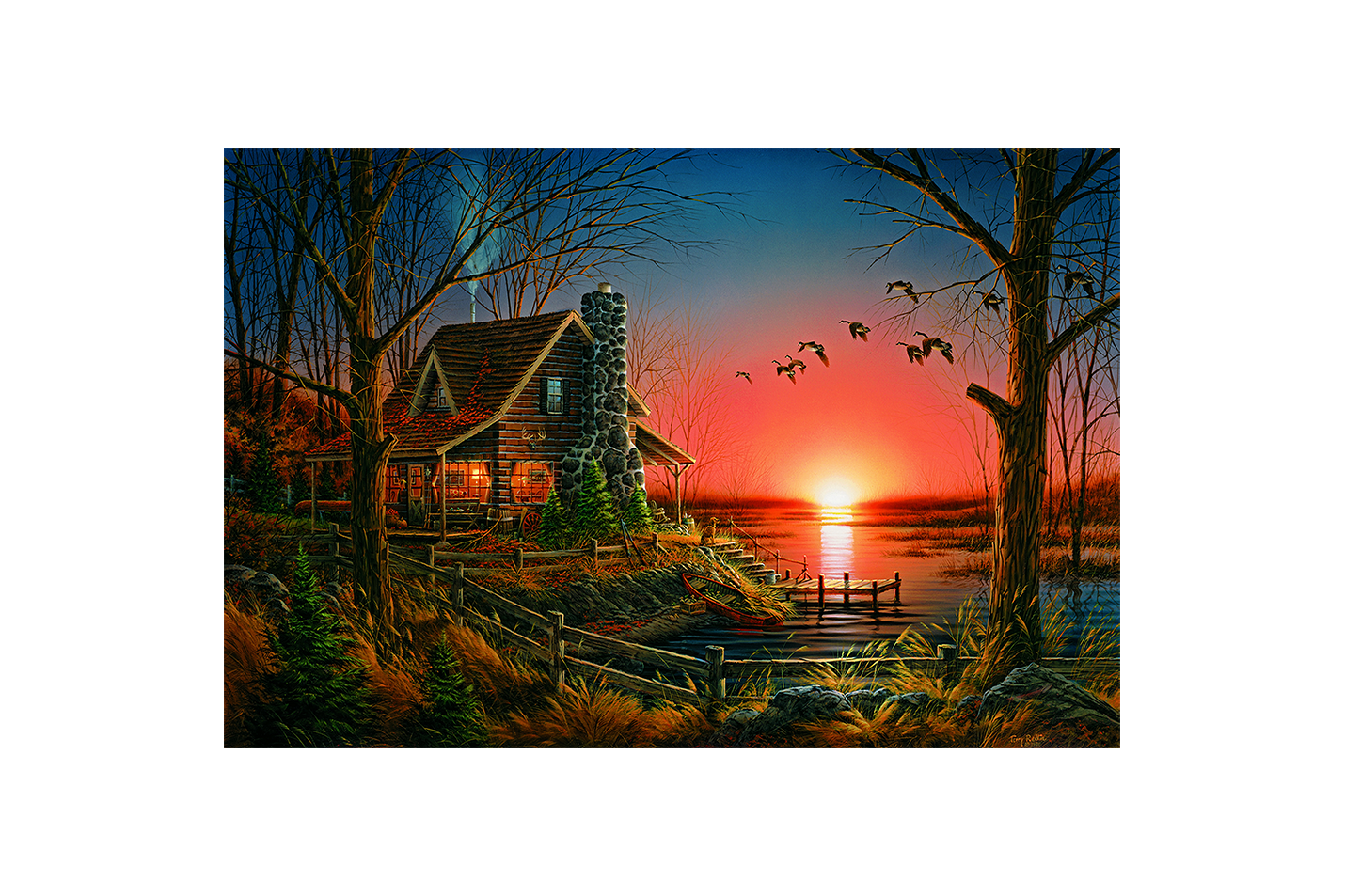 a cozy log cabin by a lake with geese flying across a red sunset, view, art, kanvas tablo
