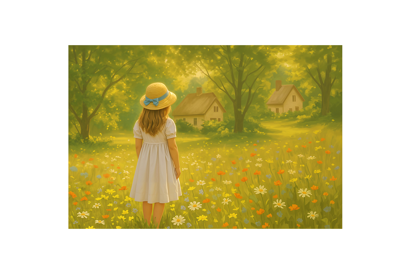 forest and small hut with flower view with little girl in a hat, view, art, kanvas tablo