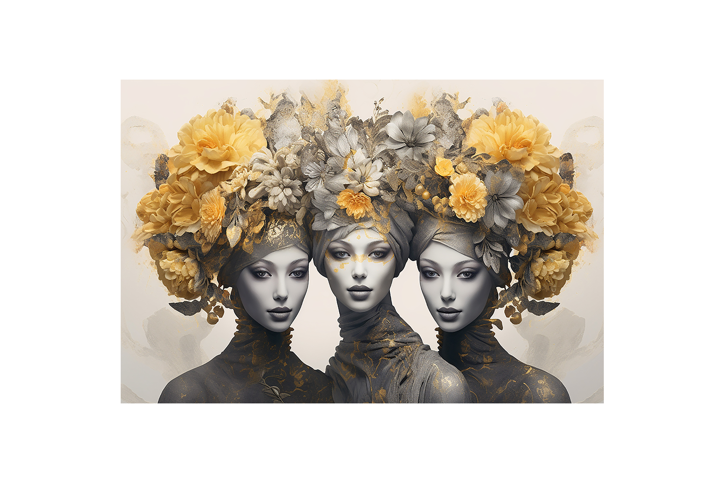 three elegant women with elaborate headdresses of yellow and grey flowers, flower motif, art, kanvas tablo