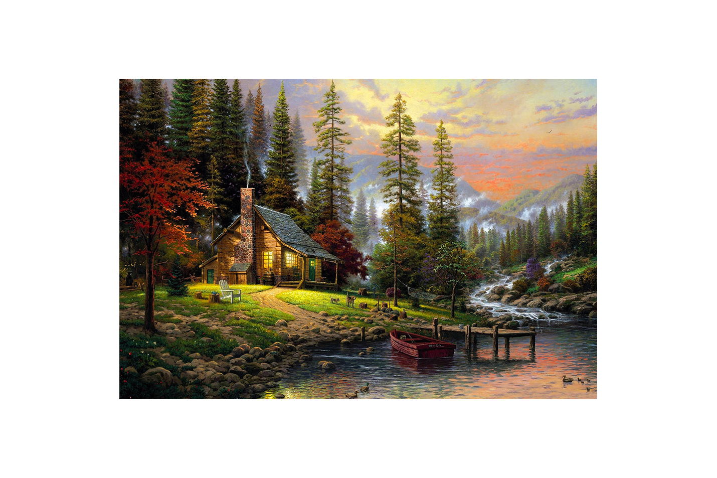 a cozy log cabin glowing by a peaceful river in a mountain forest, view, art, kanvas tablo