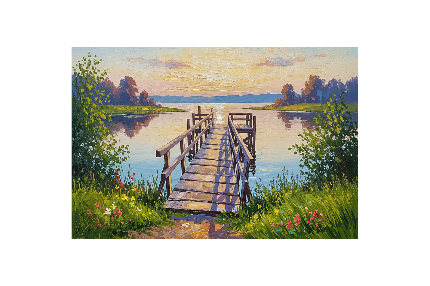 pier and nature view by the river with colorful flowers model 1, view, ai art, art, kanvas tablo