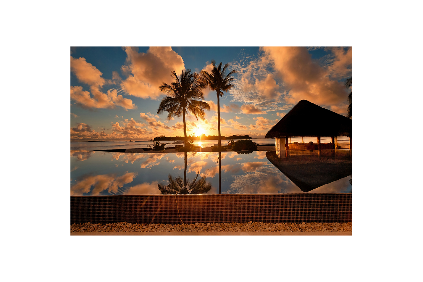 a serene infinity pool perfectly reflecting a golden sunset and two palm trees, view, art, kanvas tablo