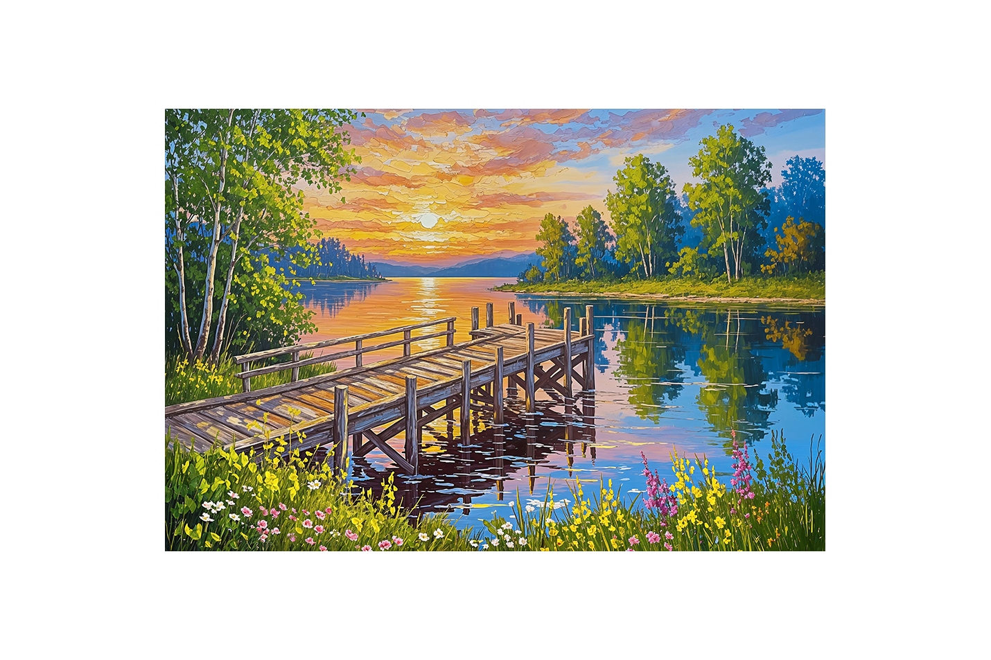 pier and nature view by the river with colorful flowers model 4, view, ai art, art, kanvas tablo
