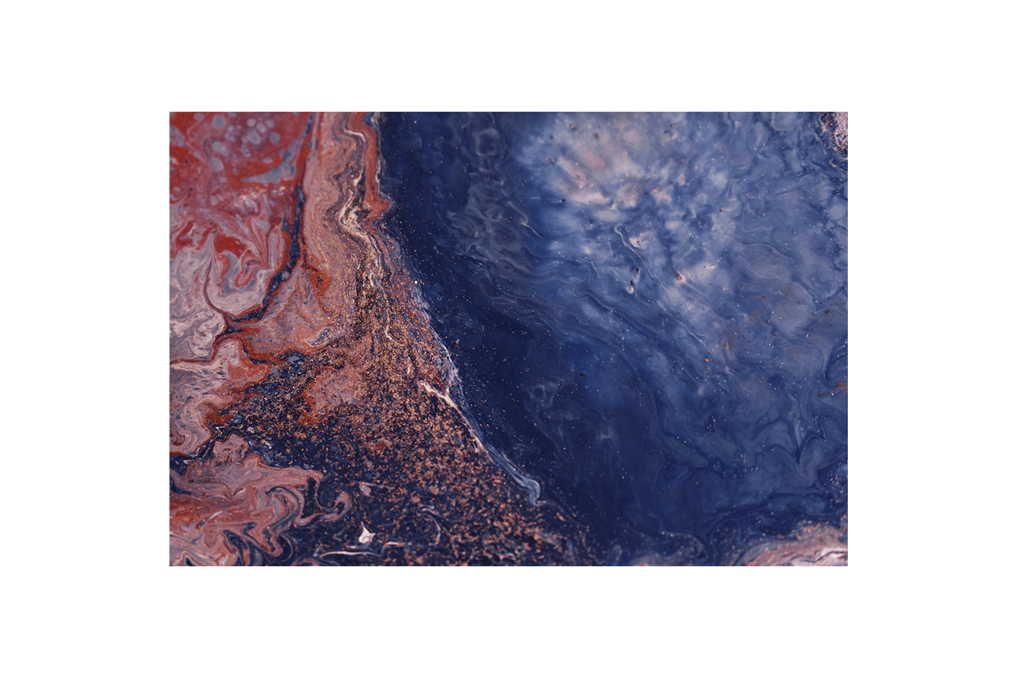 a macro view of fluid art with deep blue and sparkling terracotta red swirls, abstract, art, kanvas tablo