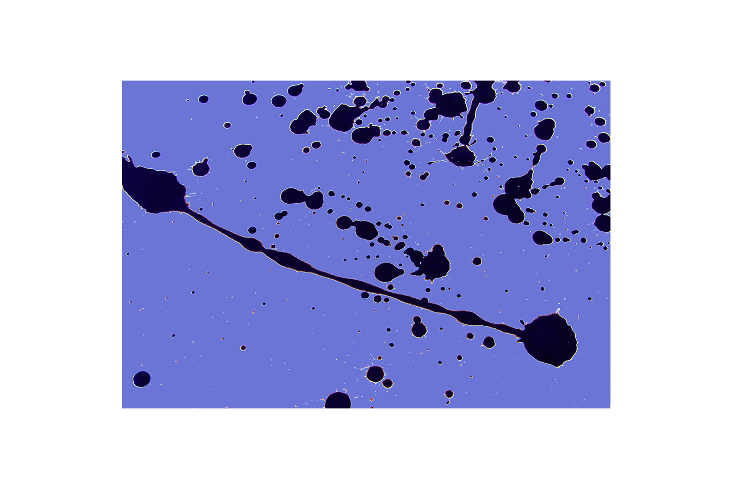 a minimalist abstract artwork with dynamic black paint splatters on a lavender background, abstract, art, kanvas tablo