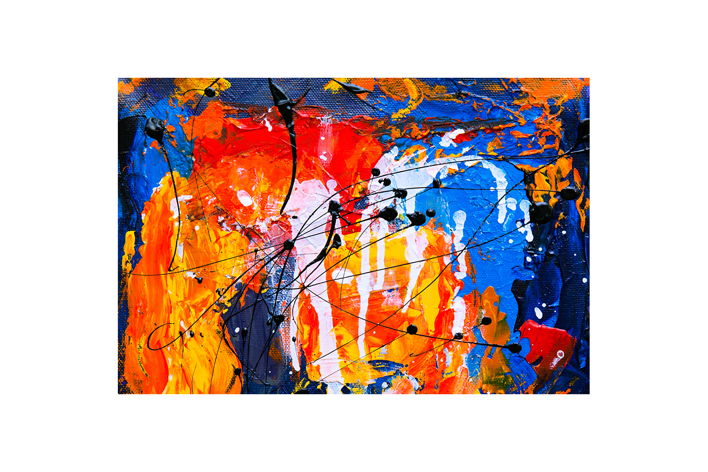 a vibrant abstract expressionist painting with heavy textures and energetic black paint splatters, abstract, art, kanvas tablo