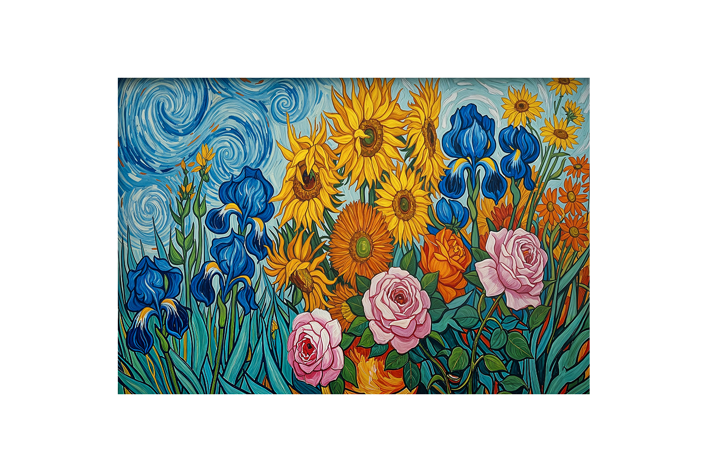 flower motif, sunflower/roses/irises in van gogh style, art, kanvas tablo