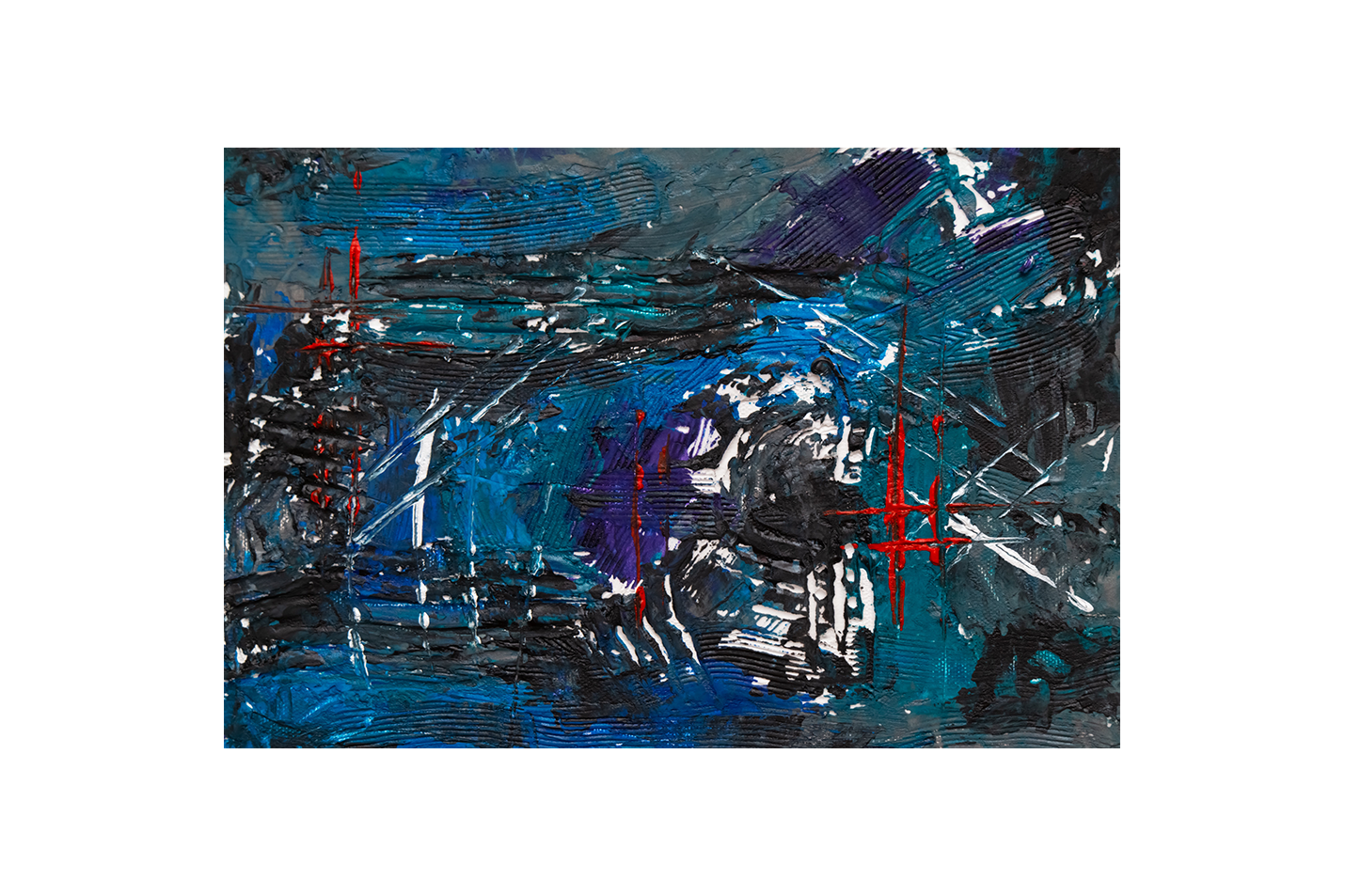 a heavily textured dark abstract painting with deep blue tones and red linear accents, abstract, art, kanvas tablo