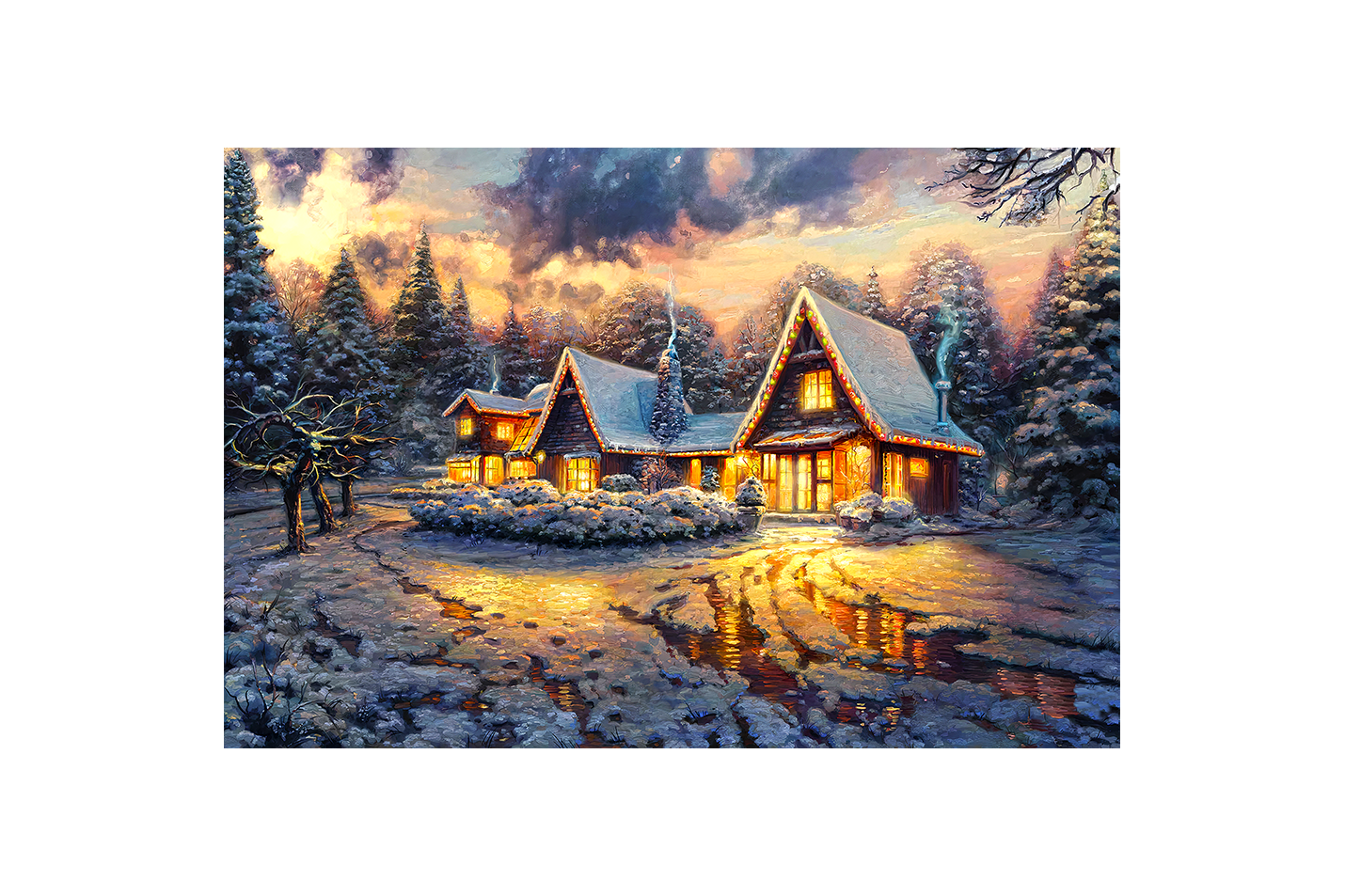 a cozy christmas cabin in a snowy forest, its warm light reflecting on ice, view, art, kanvas tablo