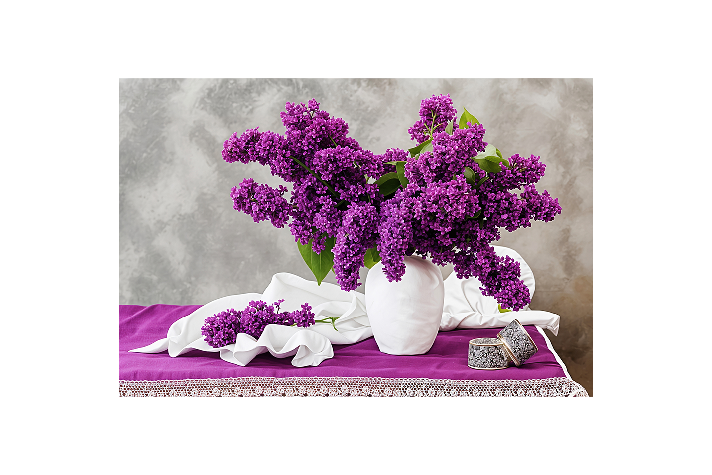 flower motif, purple flowers/white vase, art, kanvas tablo