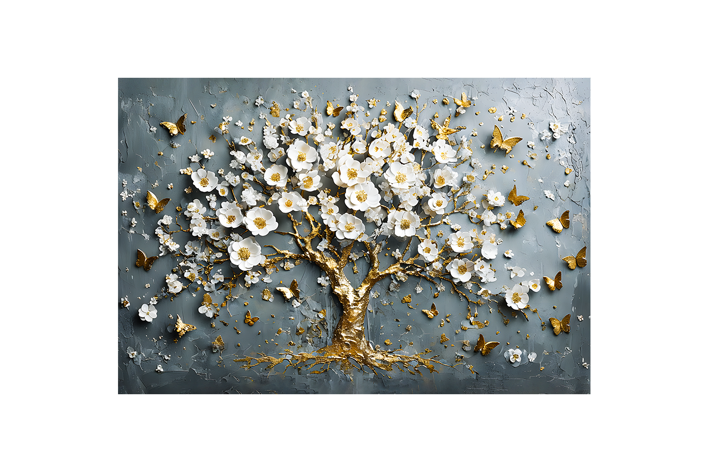flower motif, grey themed tree, art, kanvas tablo