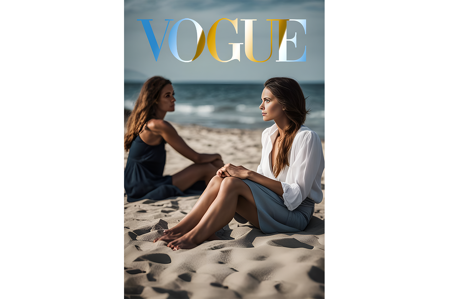 ai creation vogue, beauty, sitting on the beach, art, kanvas tablo