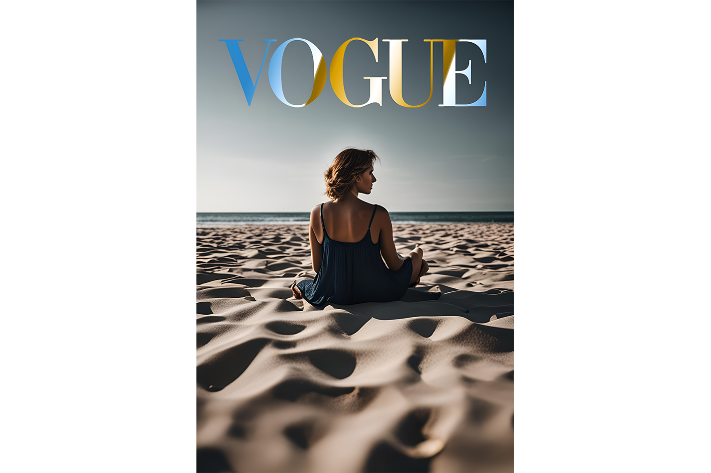 ai creation vogue, beauty, sitting on the beach, art, kanvas tablo