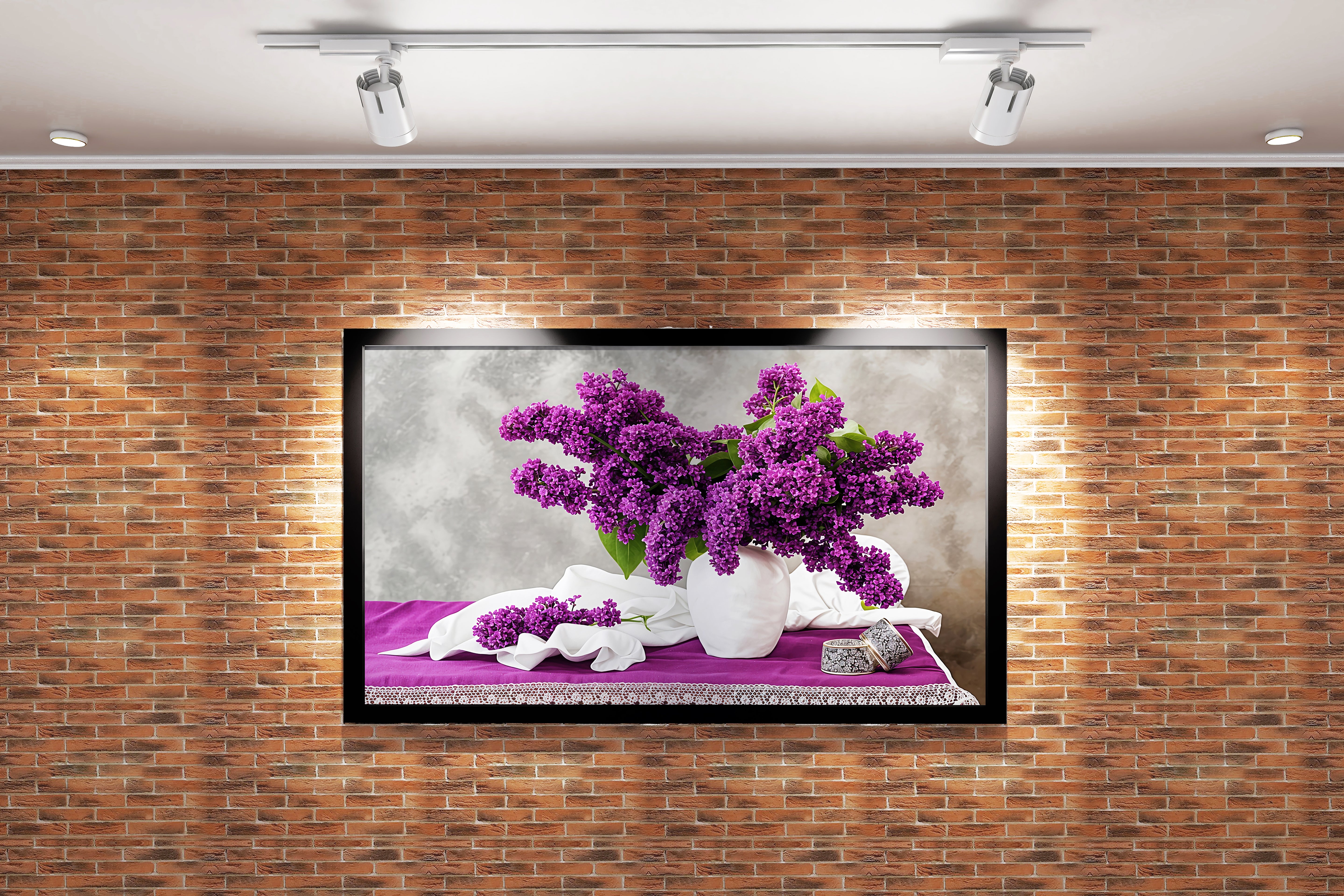 flower motif, purple flowers/white vase, art, kanvas tablo