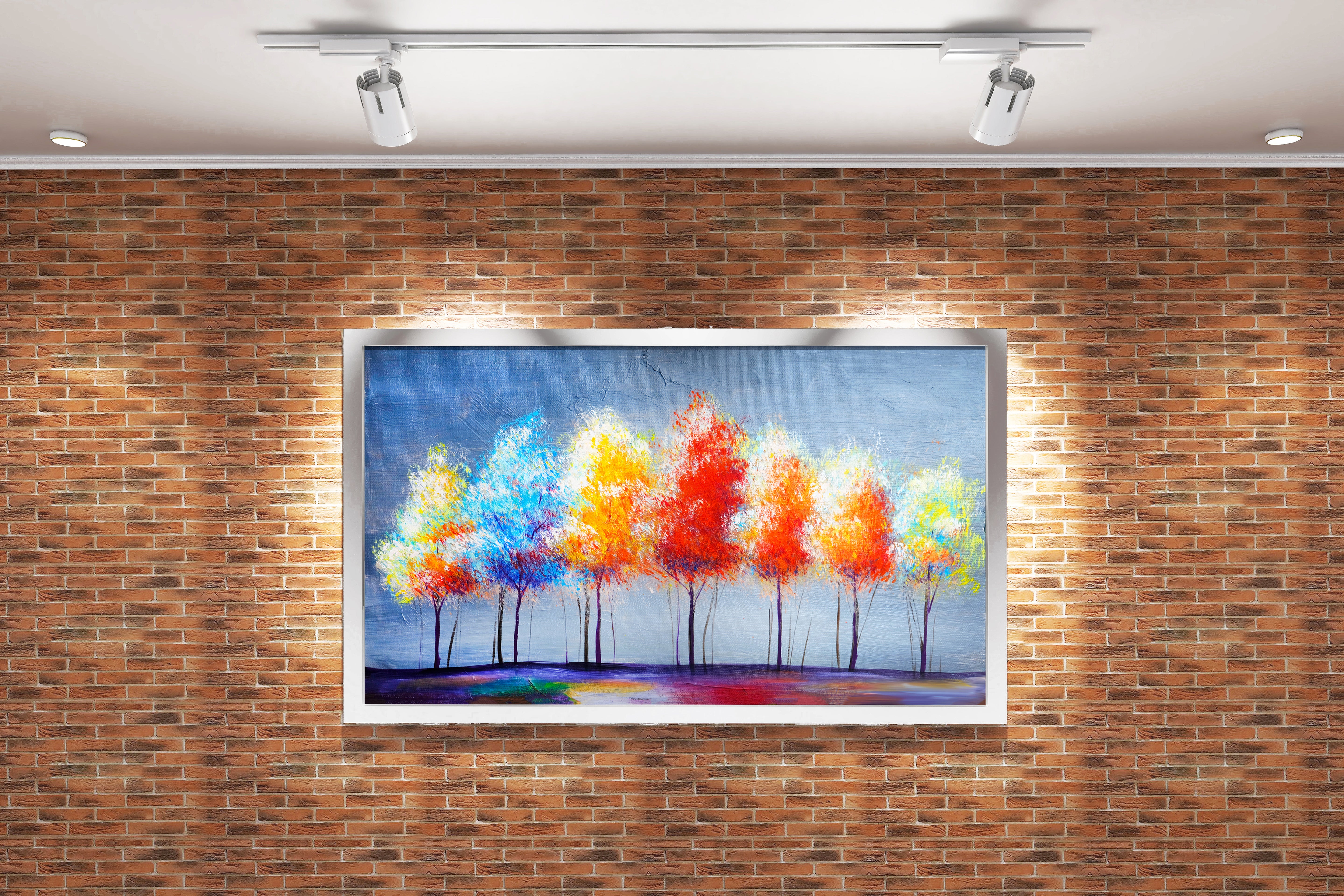 a vibrant, textured palette knife painting of a row of colorful autumn trees, view, art, kanvas tablo