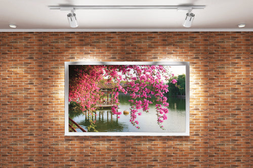 a peaceful lakeside pagoda seen through a curtain of hanging pink flowers, view, art, kanvas tablo