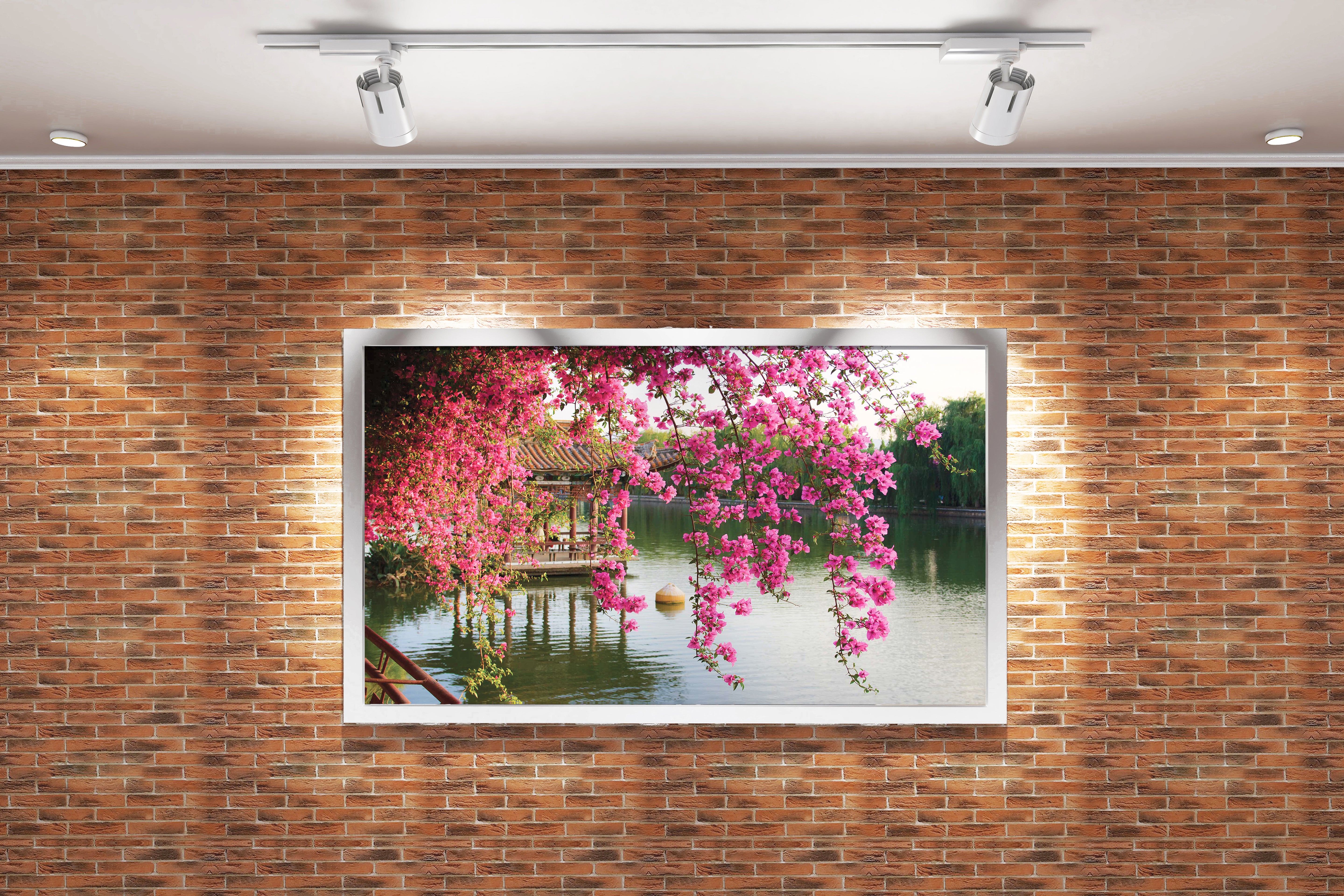 a peaceful lakeside pagoda seen through a curtain of hanging pink flowers, view, art, kanvas tablo