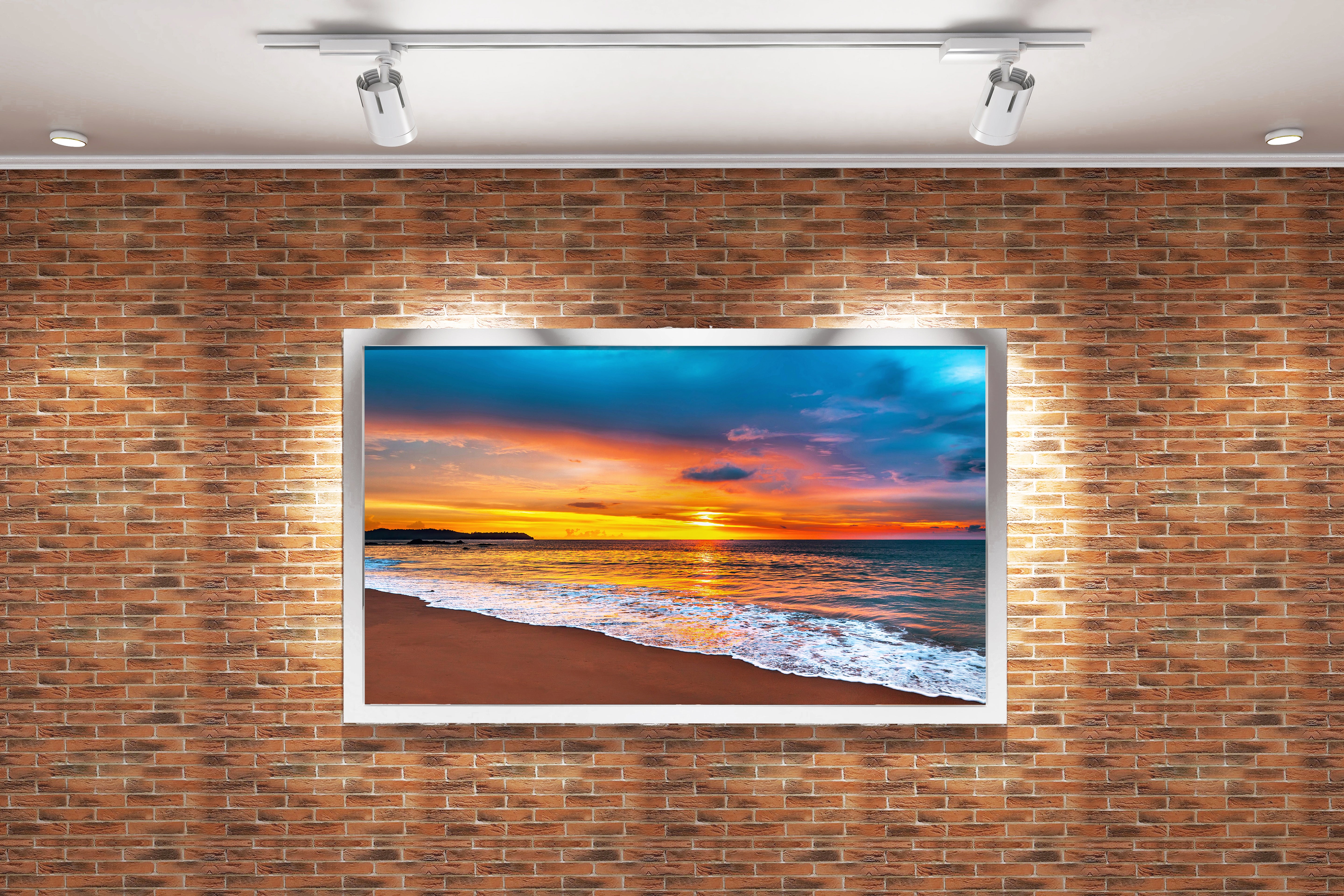 a fiery orange sunset meets a dark blue sky over a beach, view, art, kanvas tablo
