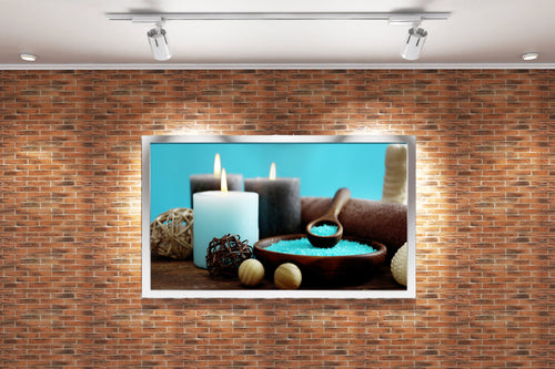 a tranquil spa scene with blue bath salts in a wooden bowl and lit candles, art, kanvas tablo