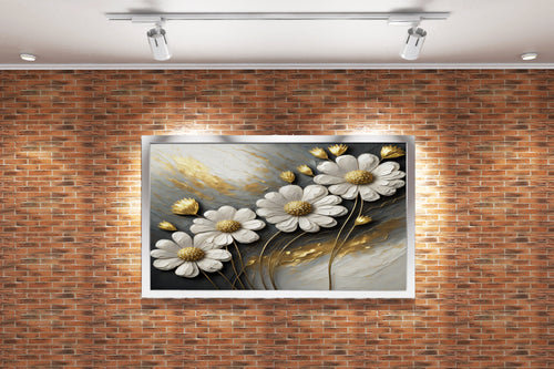 3d white daisies with golden centers on a grey and gold impasto background, flower motif, art, kanvas tablo
