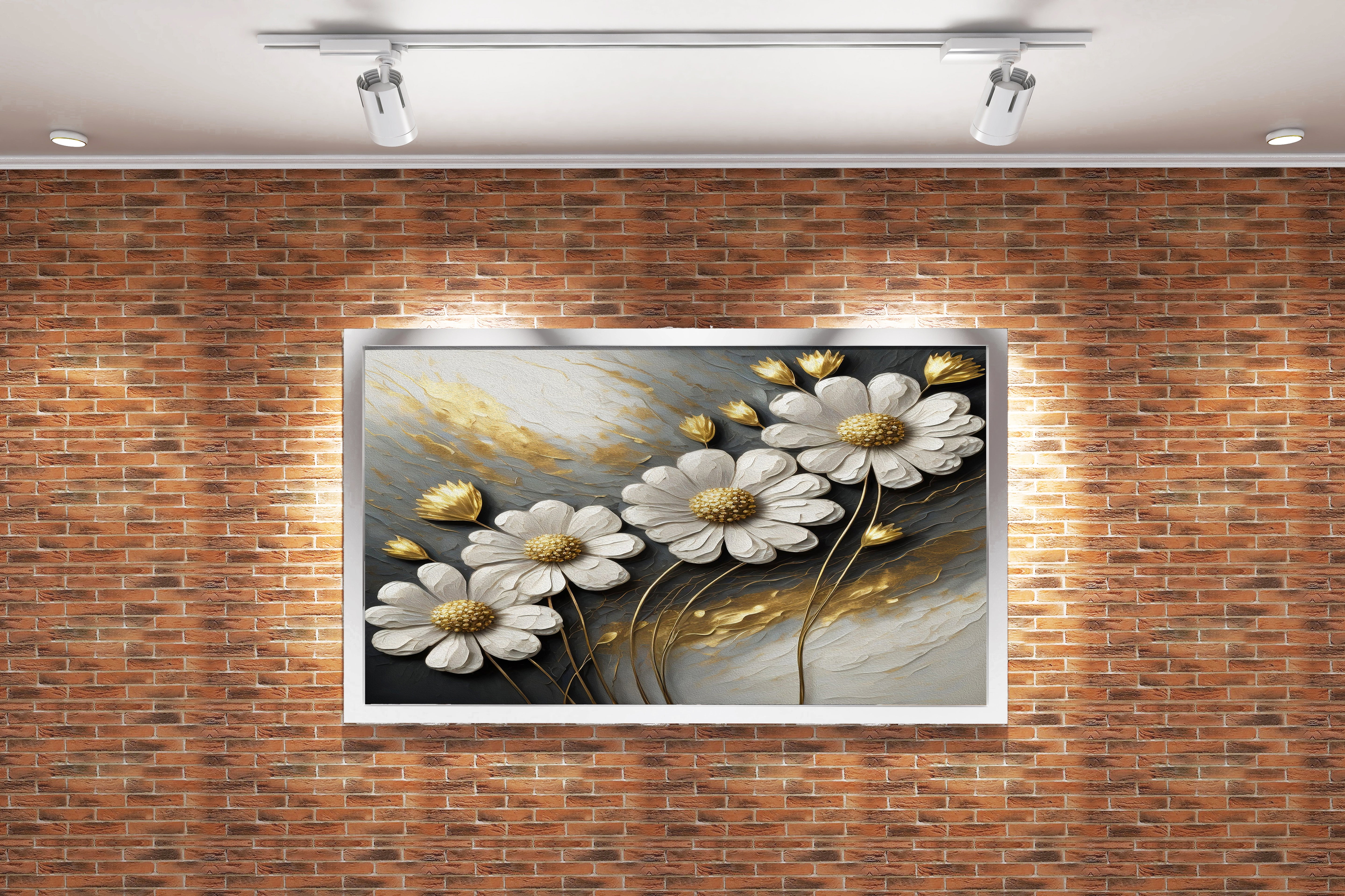 3d white daisies with golden centers on a grey and gold impasto background, flower motif, art, kanvas tablo