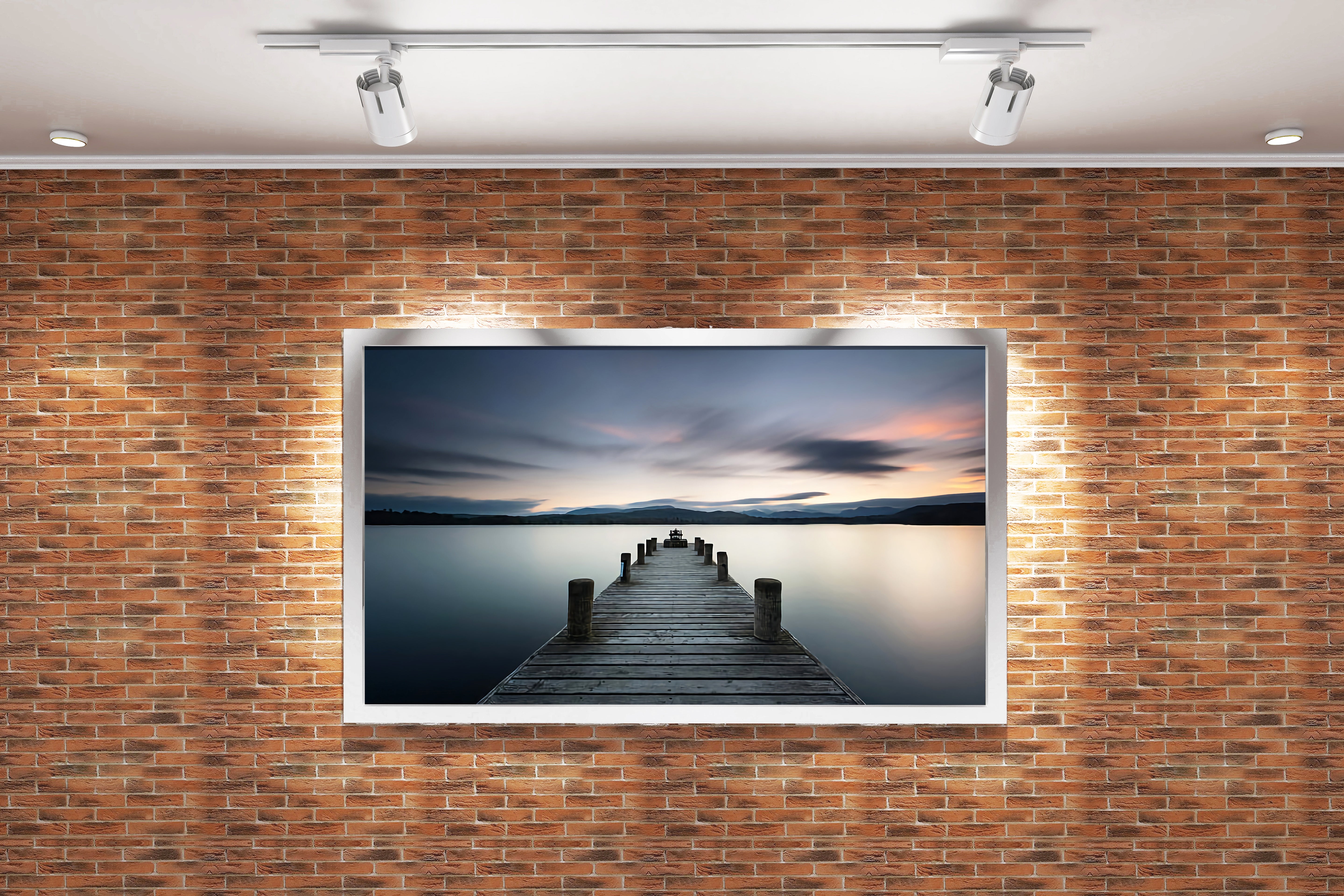 a serene wooden pier on a glassy lake with a moody, long exposure sky, view, art, kanvas tablo