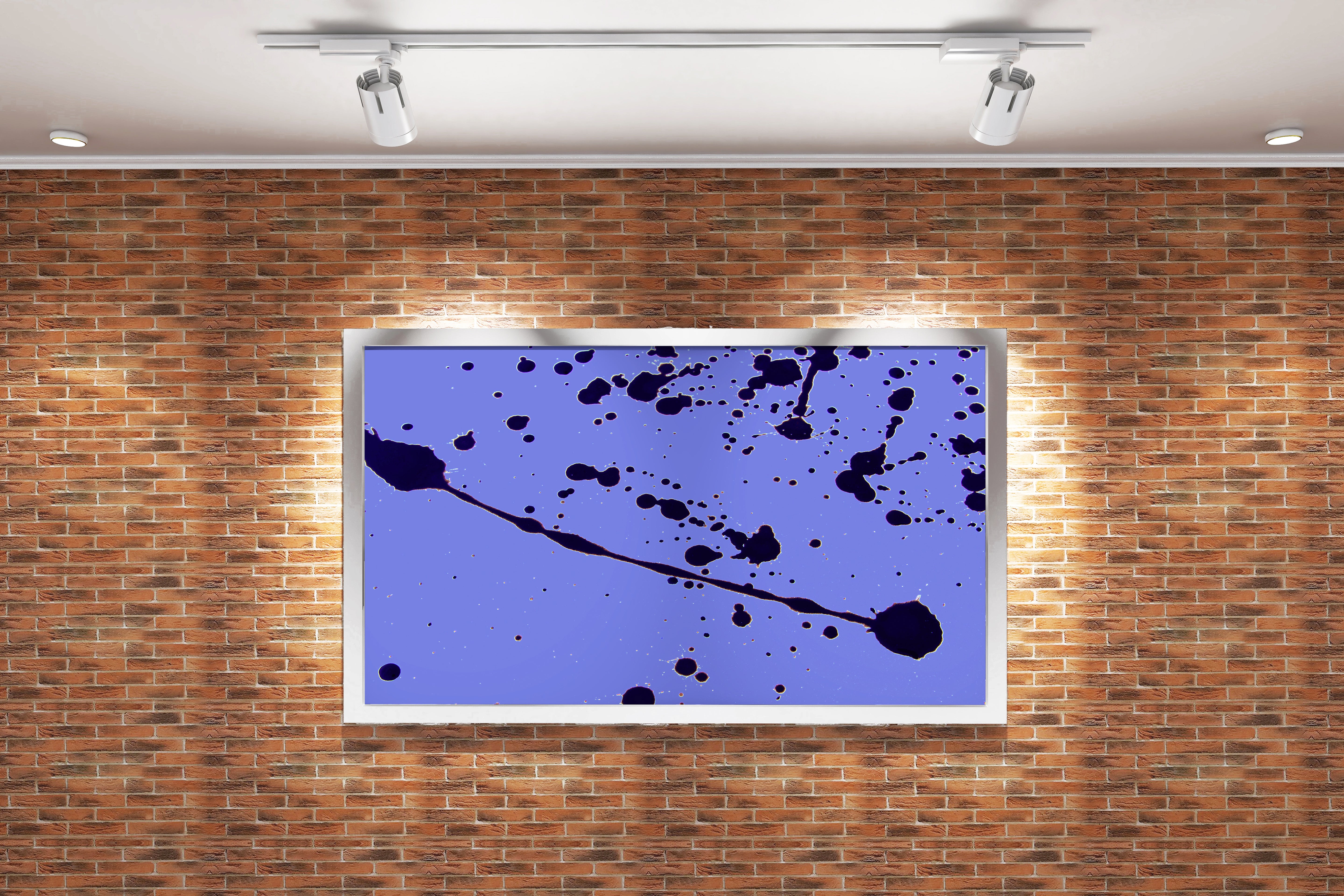 a minimalist abstract artwork with dynamic black paint splatters on a lavender background, abstract, art, kanvas tablo