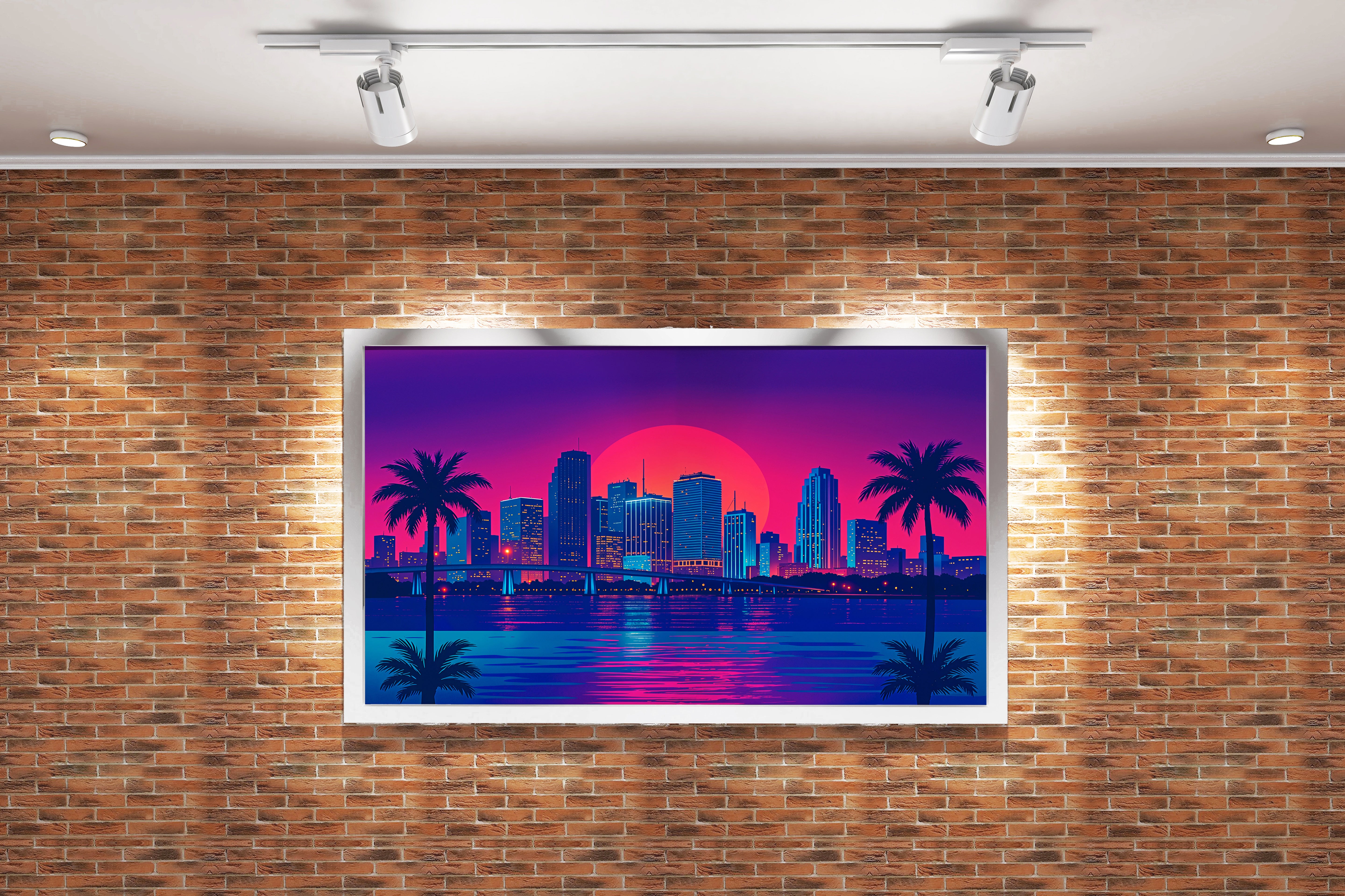 ai creation, sunset in a retrowave and cyberpunk looking city, ai art, art, kanvas tablo