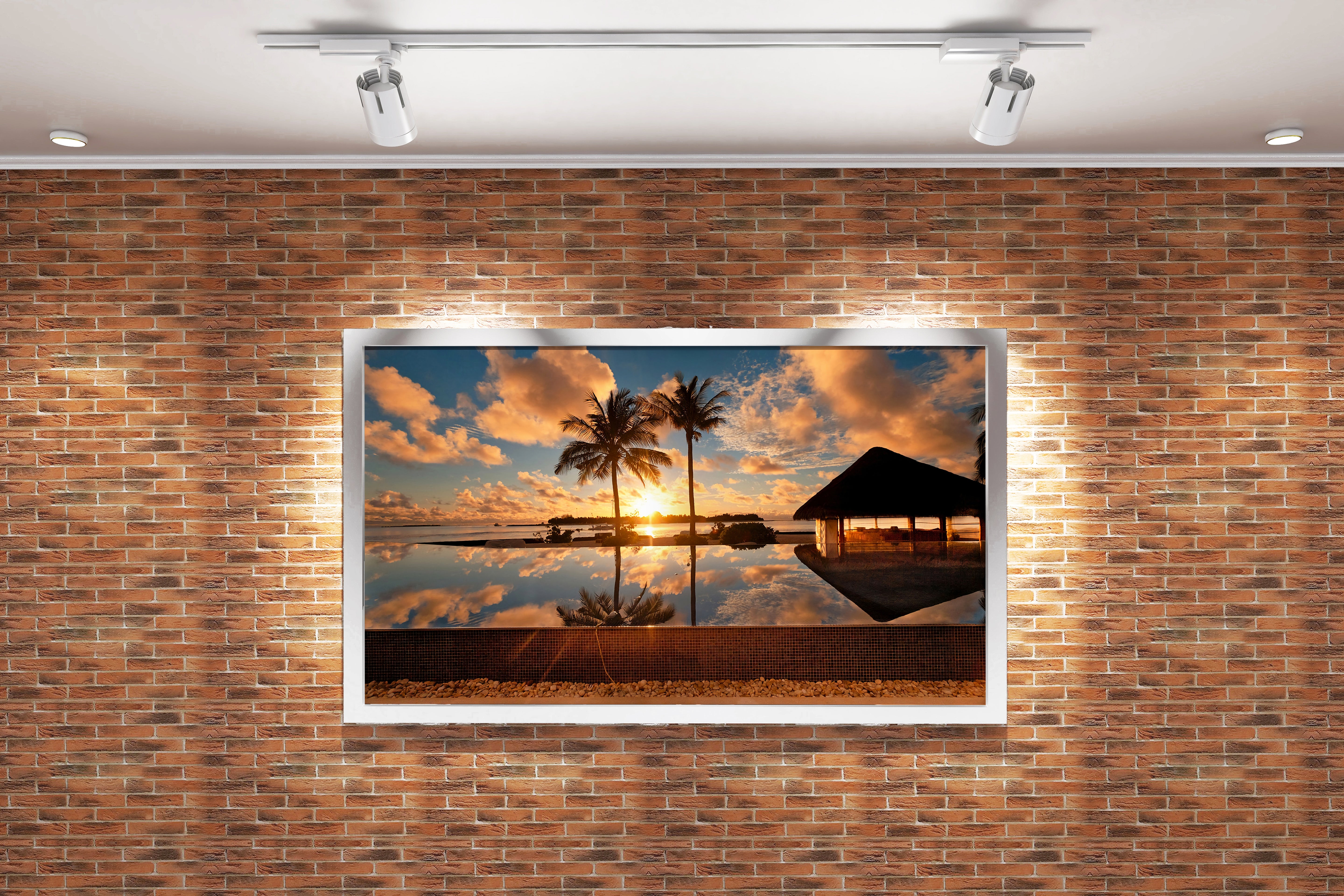 a serene infinity pool perfectly reflecting a golden sunset and two palm trees, view, art, kanvas tablo