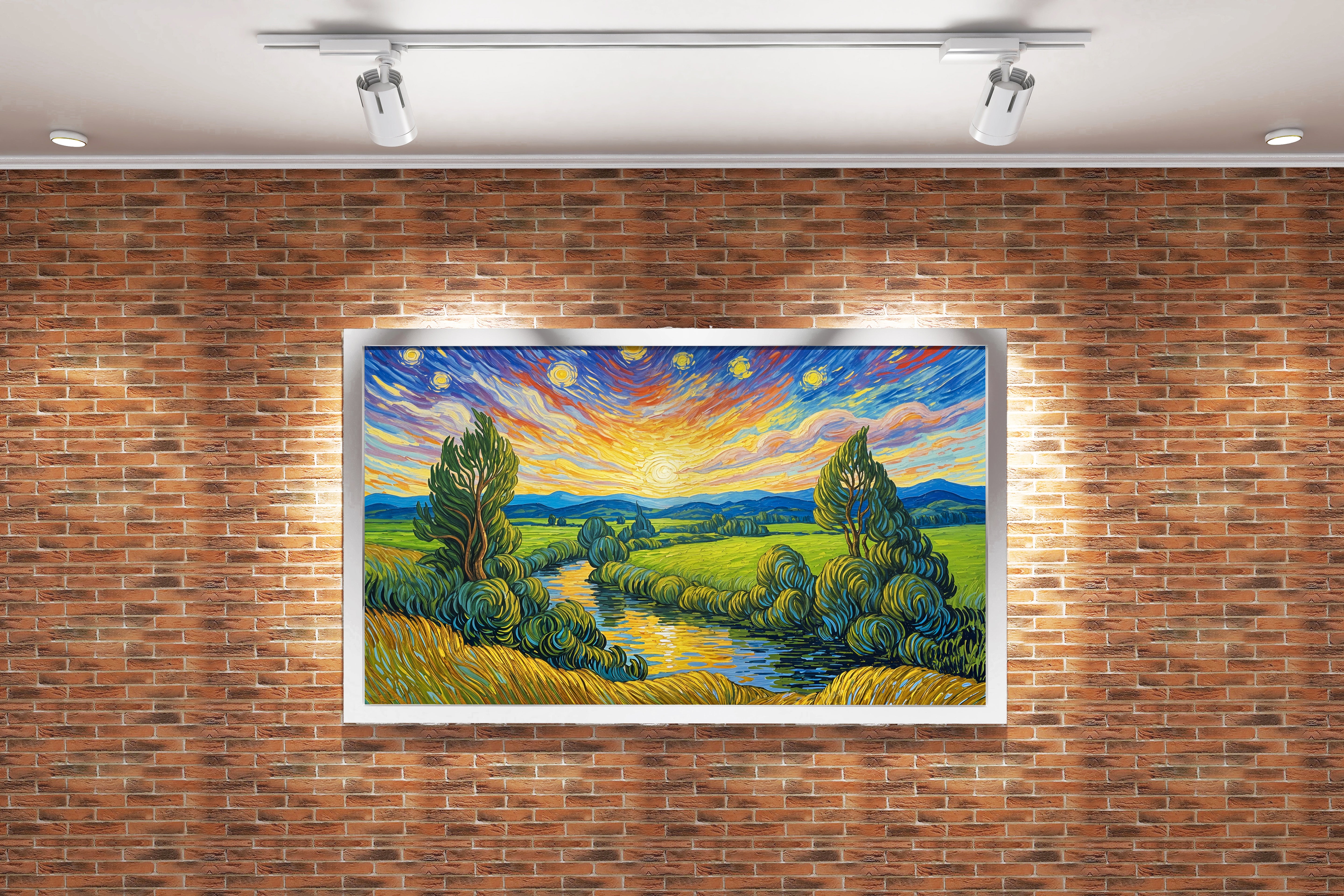 Van Gogh Cypresses and Starry Night themed river view, view, art, kanvas tablo