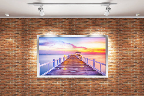 a peaceful wooden pier with glowing lamps leading to a vibrant ocean sunset, view, art, kanvas tablo