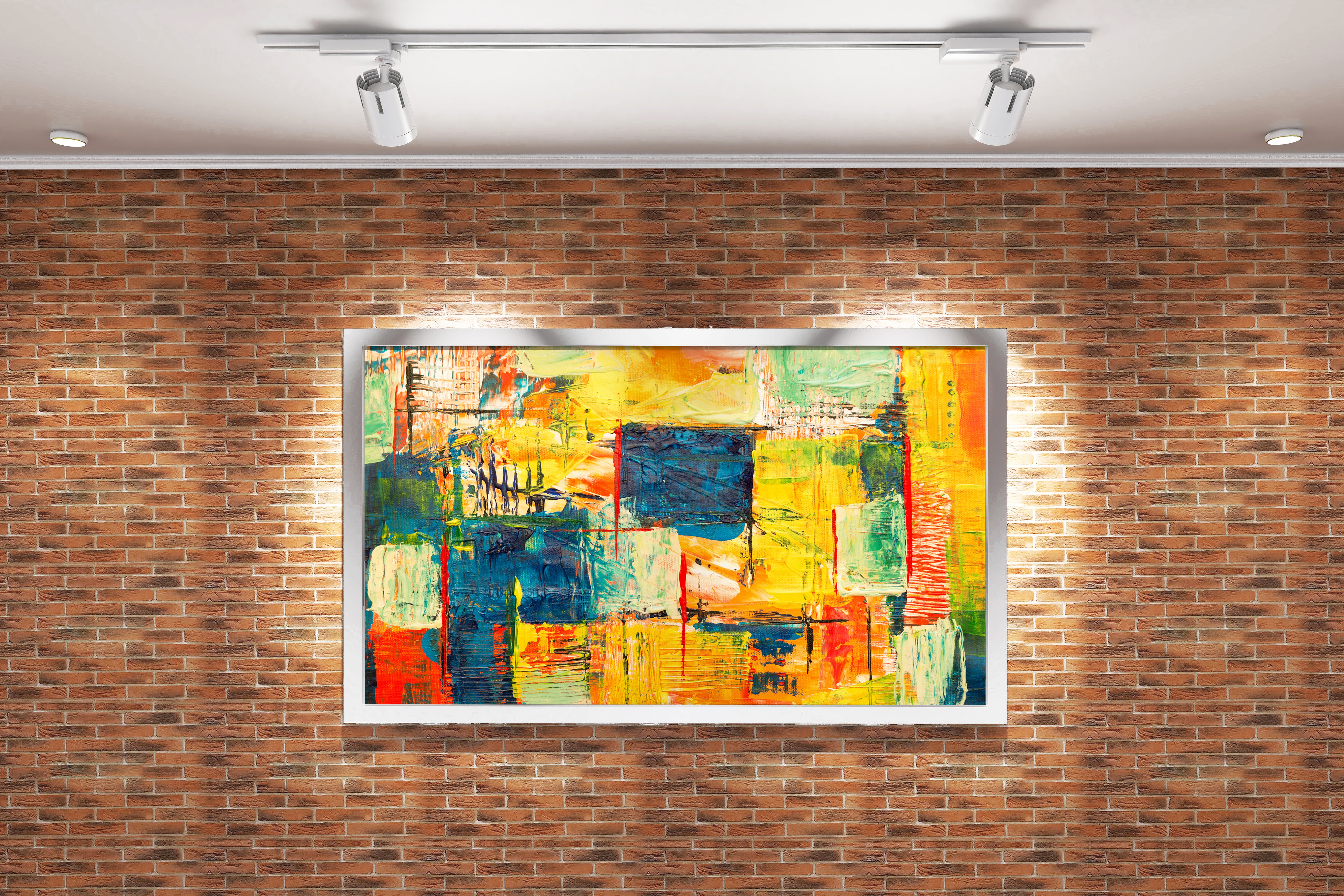 a heavily textured abstract painting with a colorful grid of warm and cool tones, abstract, art, kanvas tablo