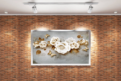 a modern wallpaper design of 3d roses and metallic brown butterflies, flower motif, art, kanvas tablo