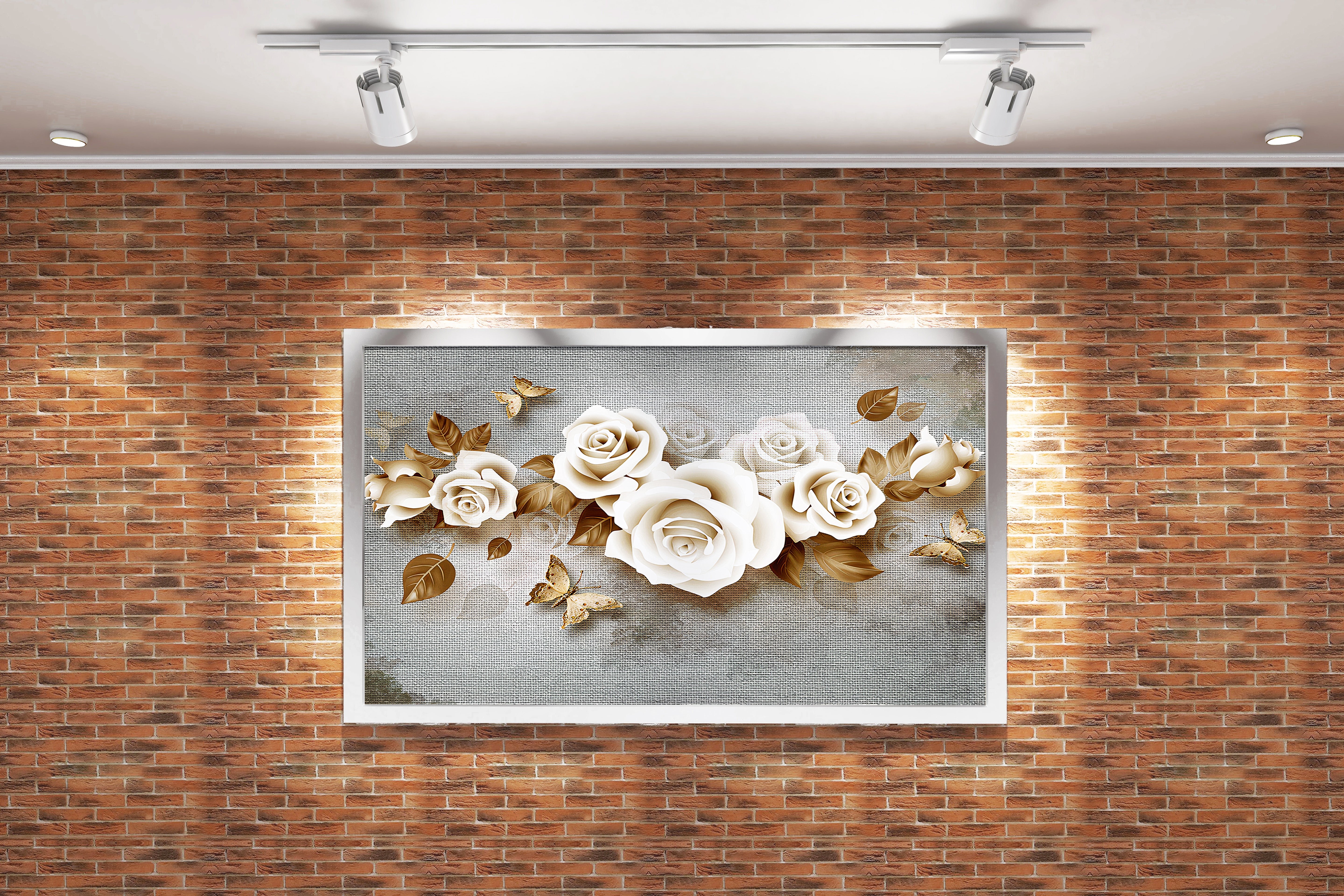 a modern wallpaper design of 3d roses and metallic brown butterflies, flower motif, art, kanvas tablo