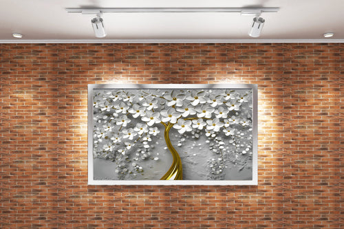 a 3d wallpaper design of an elegant golden tree with white flowers, flower motif, art, kanvas tablo