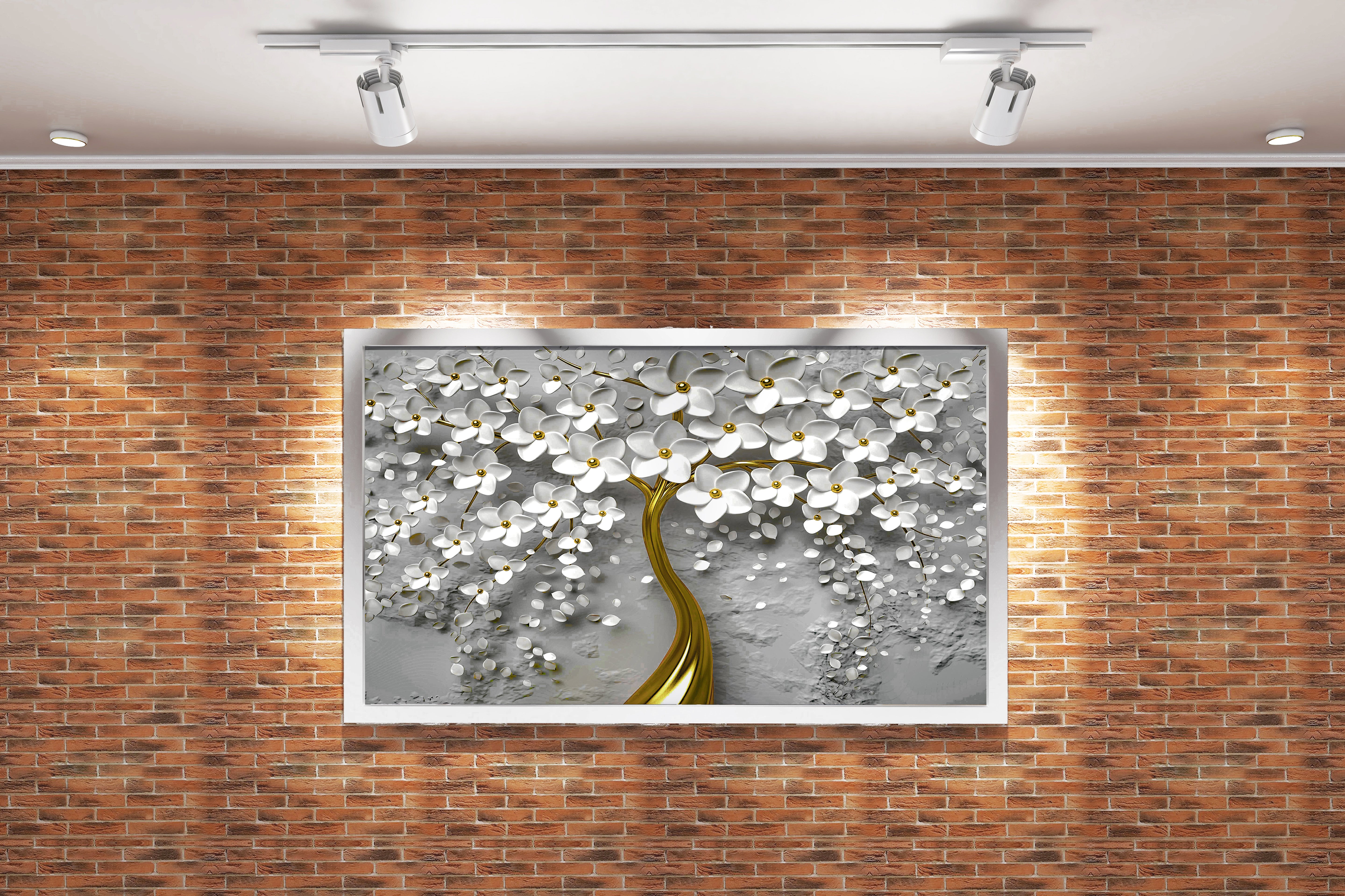 a 3d wallpaper design of an elegant golden tree with white flowers, flower motif, art, kanvas tablo