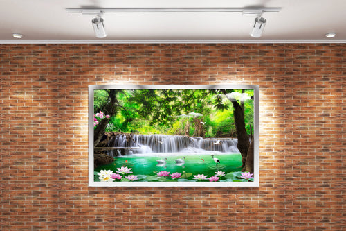 a fantasy jungle waterfall with swans, a crane, and pink lotus flowers, view, art, kanvas tablo