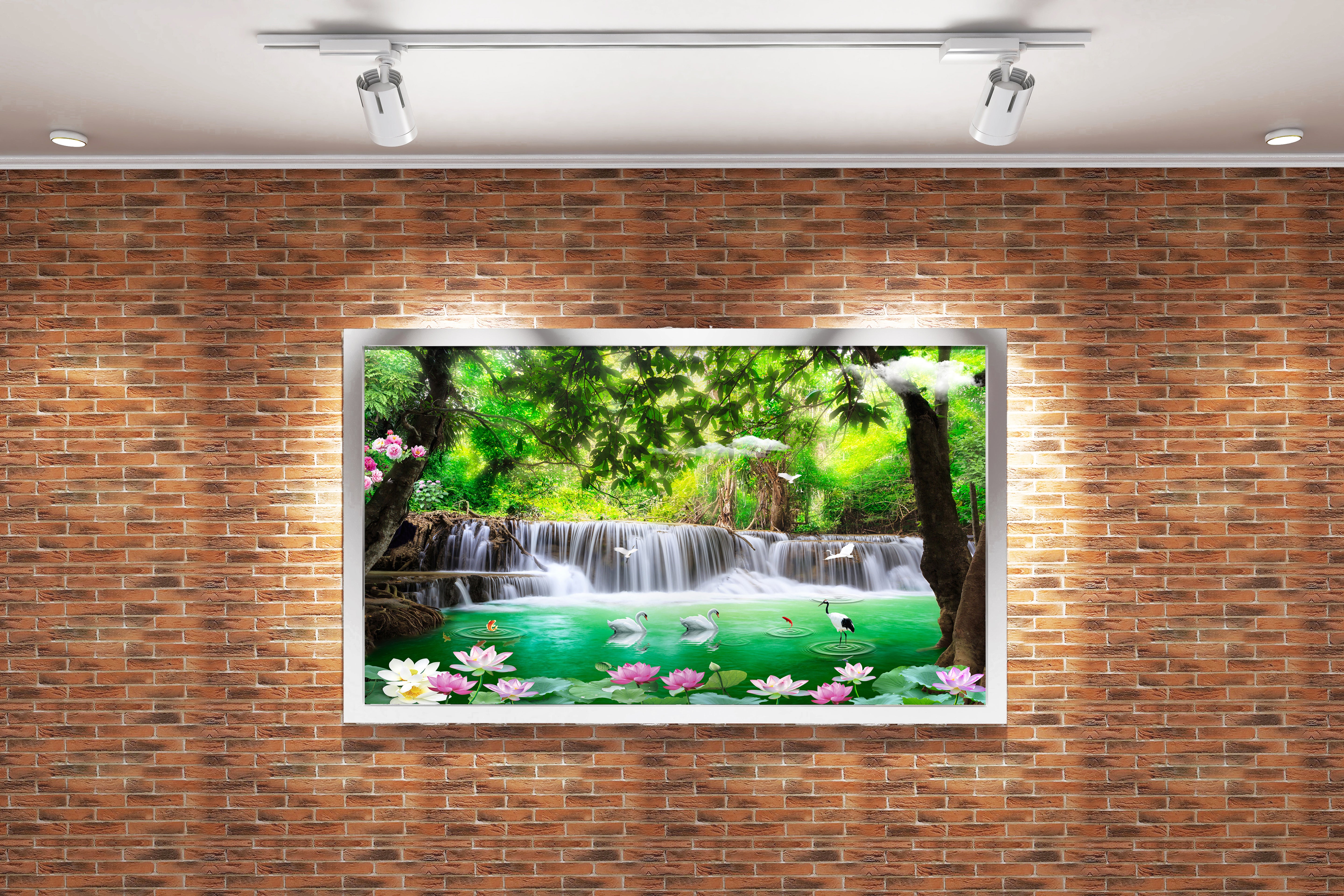 a fantasy jungle waterfall with swans, a crane, and pink lotus flowers, view, art, kanvas tablo