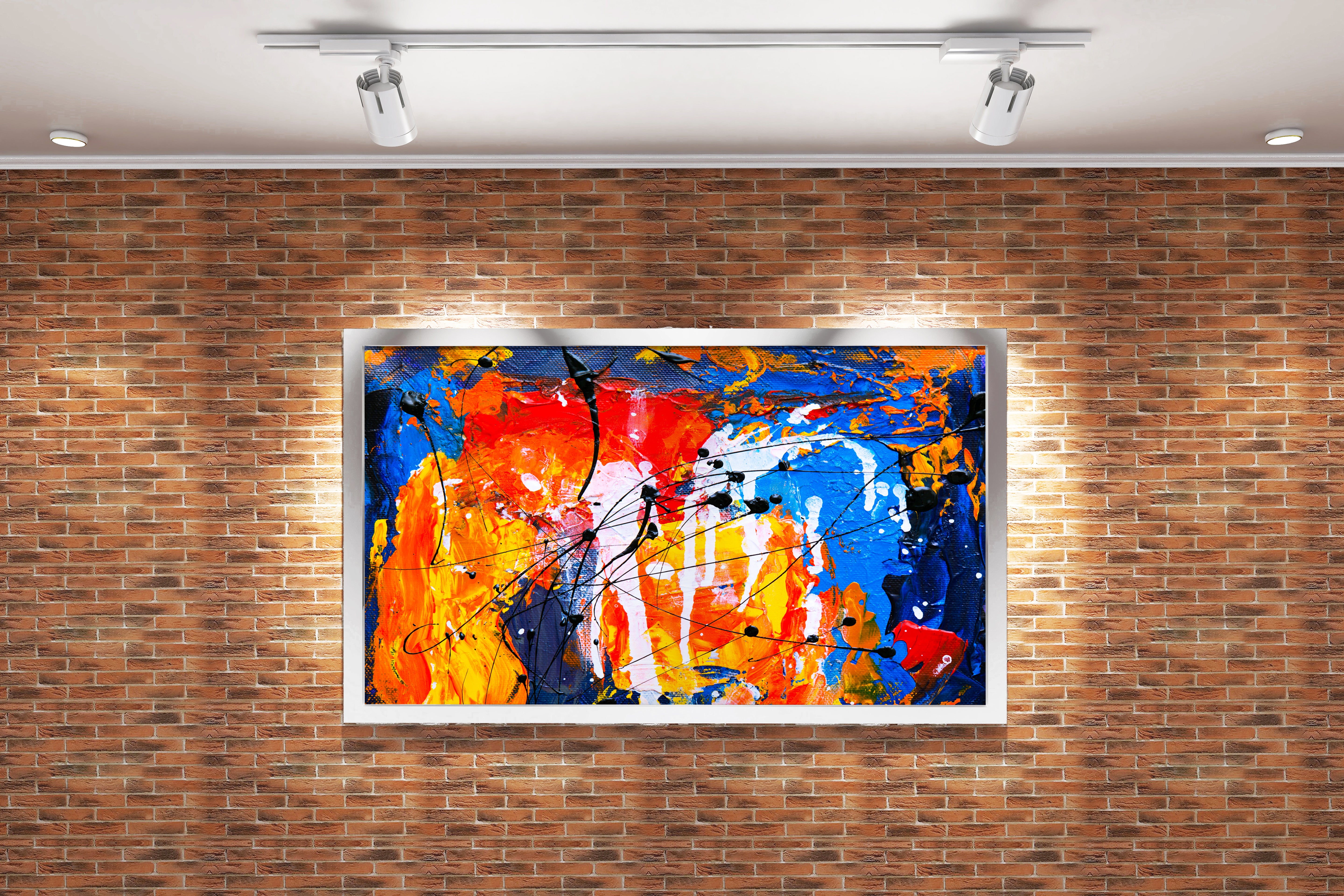 a vibrant abstract expressionist painting with heavy textures and energetic black paint splatters, abstract, art, kanvas tablo