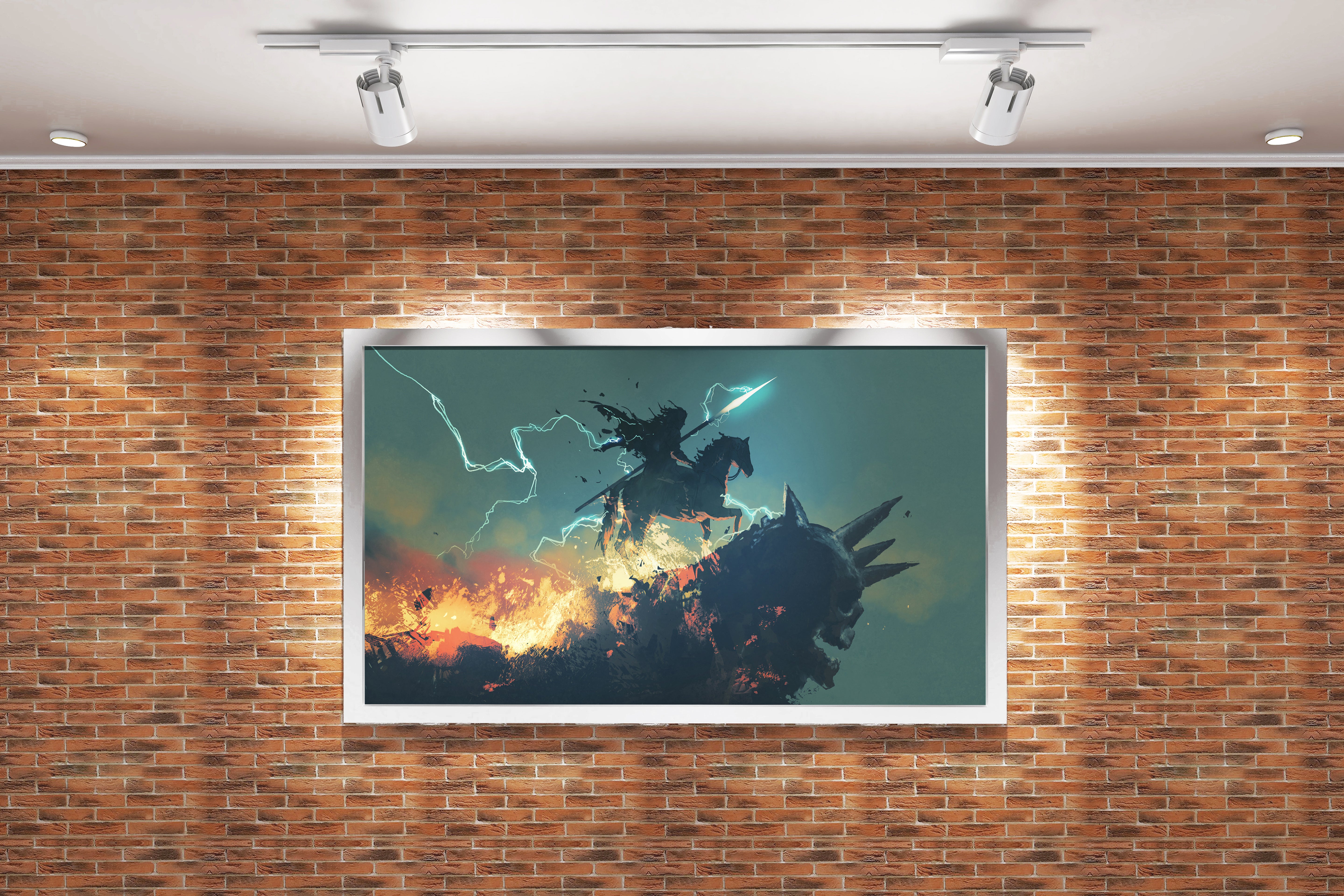 a dark knight on horseback on a slain dragon amidst fire and lightning, ai art, art, kanvas tablo