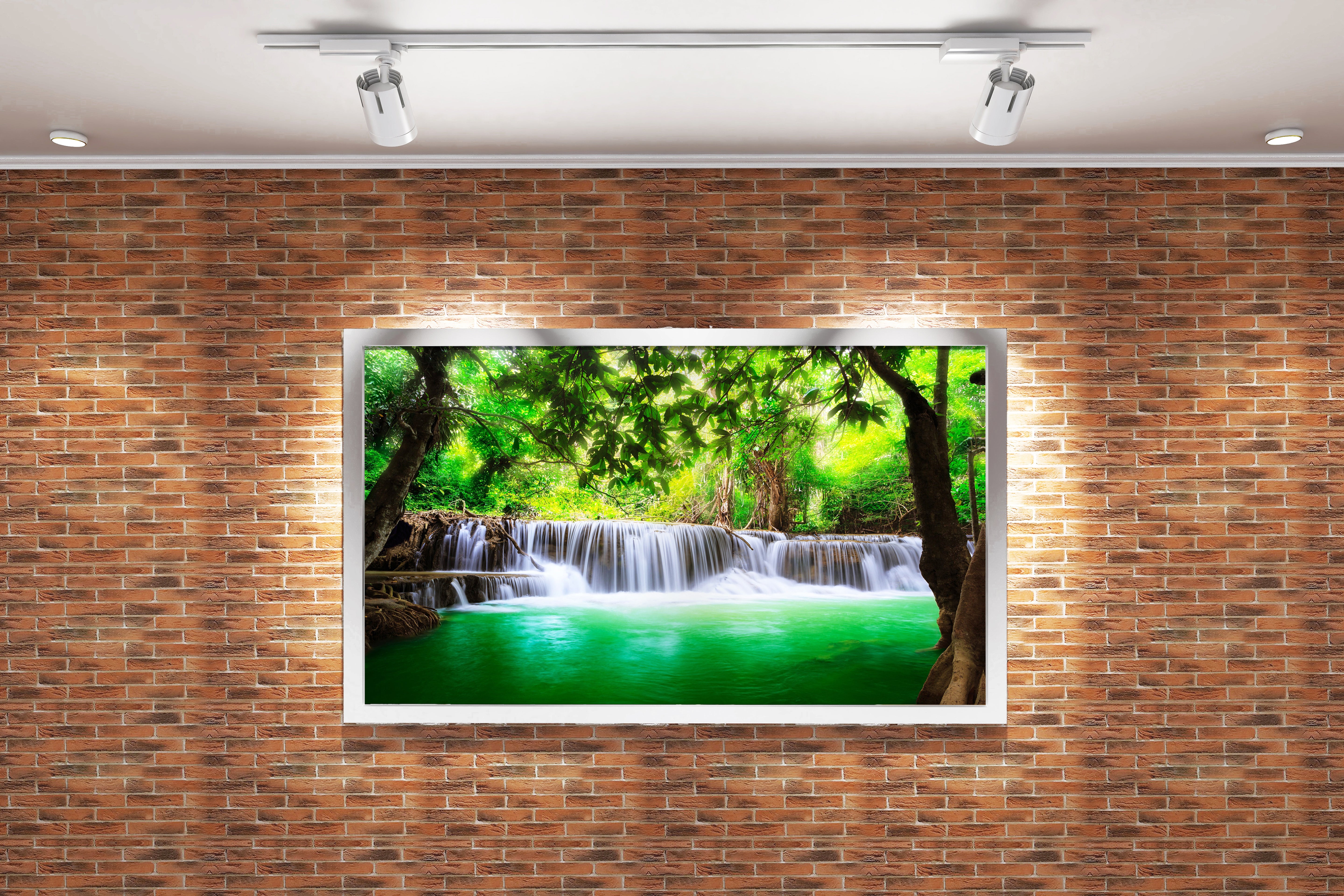 a silky, cascading waterfall in a lush jungle with an emerald green pool, view, art, kanvas tablo